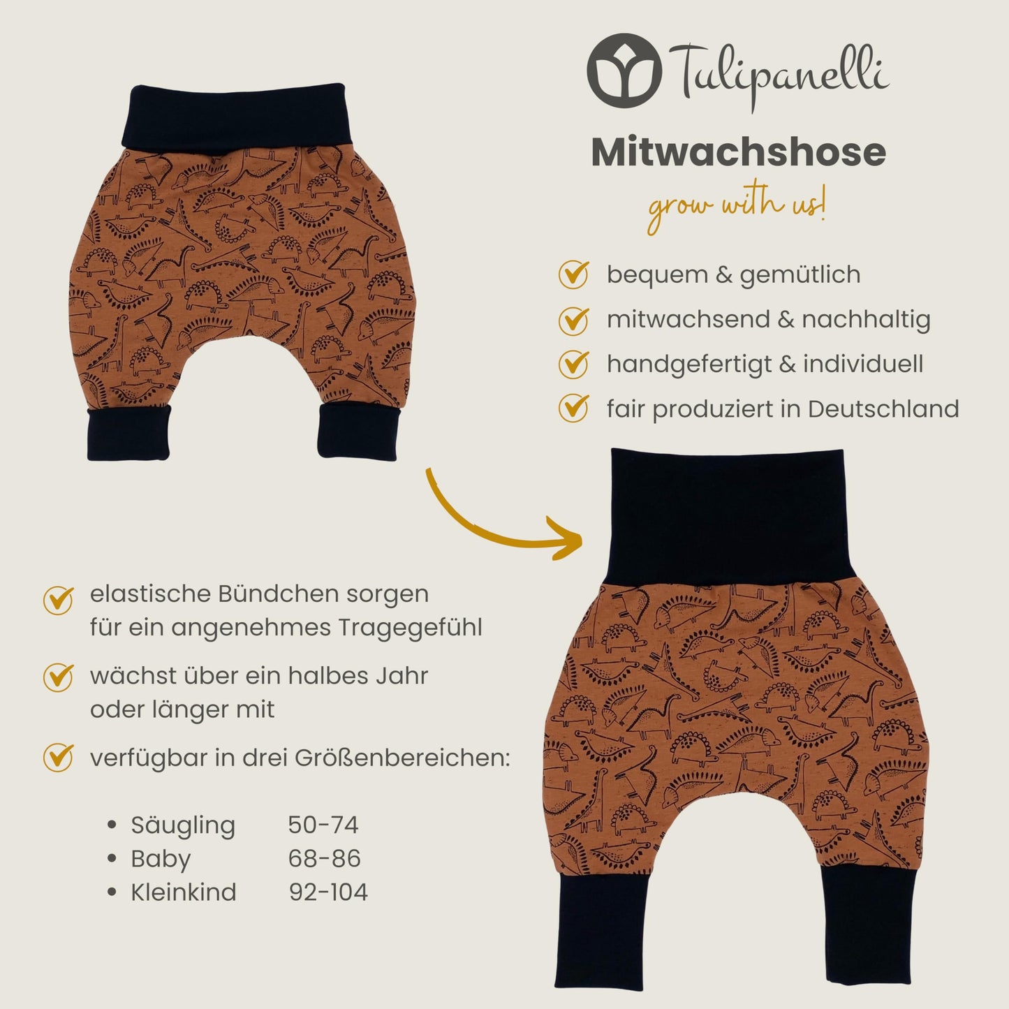 Growing Baby Baggy Trousers Made of Cotton Jersey - Handmade Growing Trousers Baby Trousers for Boys - Sizes 50-74 | 68-86 | 92-104 (Mini Rainbow Brown, 50-74)