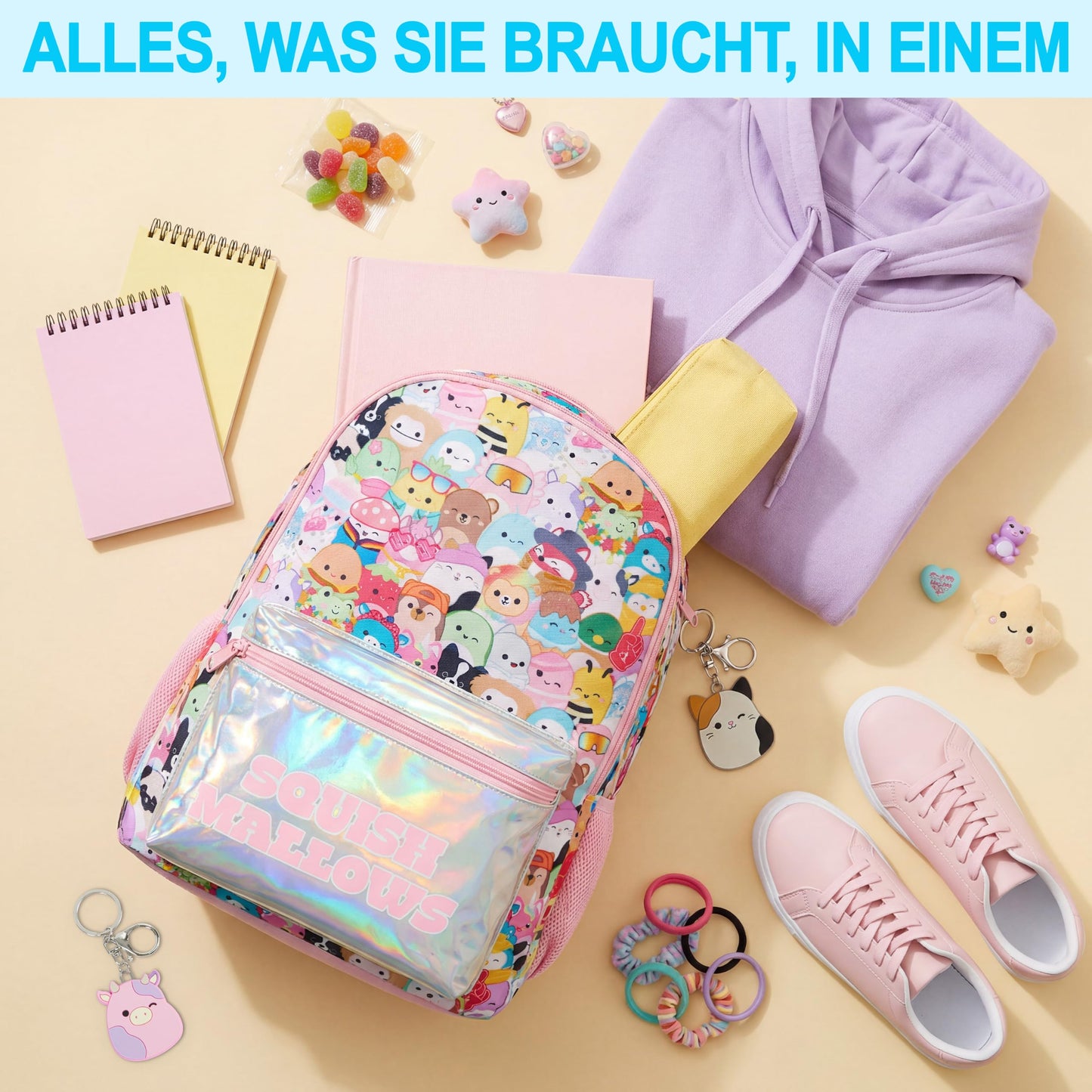 Rucksack Mädchen, Verstellbarer Reisetasche für Schule und Reise, Gepolsterte Schulrucksack mit Zwei Schlüsselanhänger, Geschenke für Kinder (Multi Squishmallows)