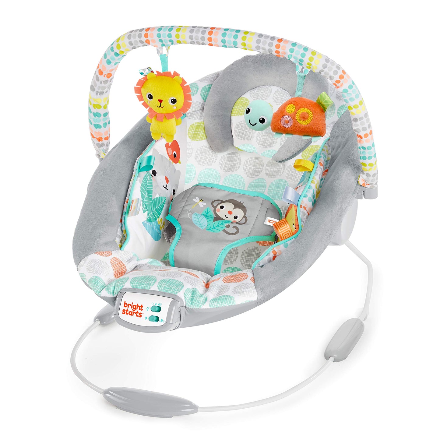 Bright Starts Baby Bouncer with Soothing Vibrations, Infant Seat, Music, Removable Toy Bar, 0-6 Months, up to 20 lbs (Whimsical Wild)