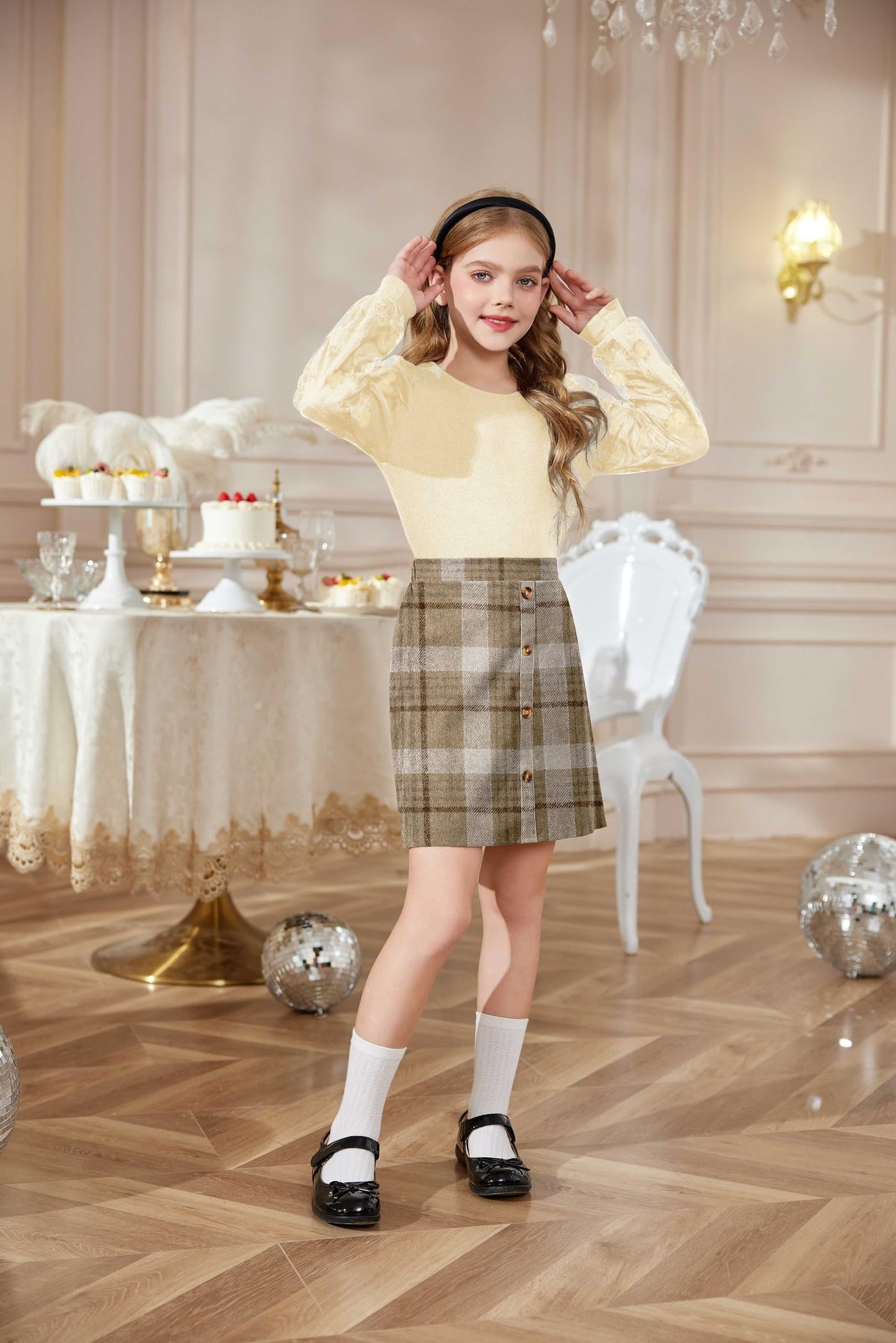 Arshiner Girls' Clothing Sets Elegant Long Sleeve Shirt with Skirt Set Children's Autumn Winter Outfit Checked Leisure Fashion Two Piece Clothing Sets for Girls 5-13 Years