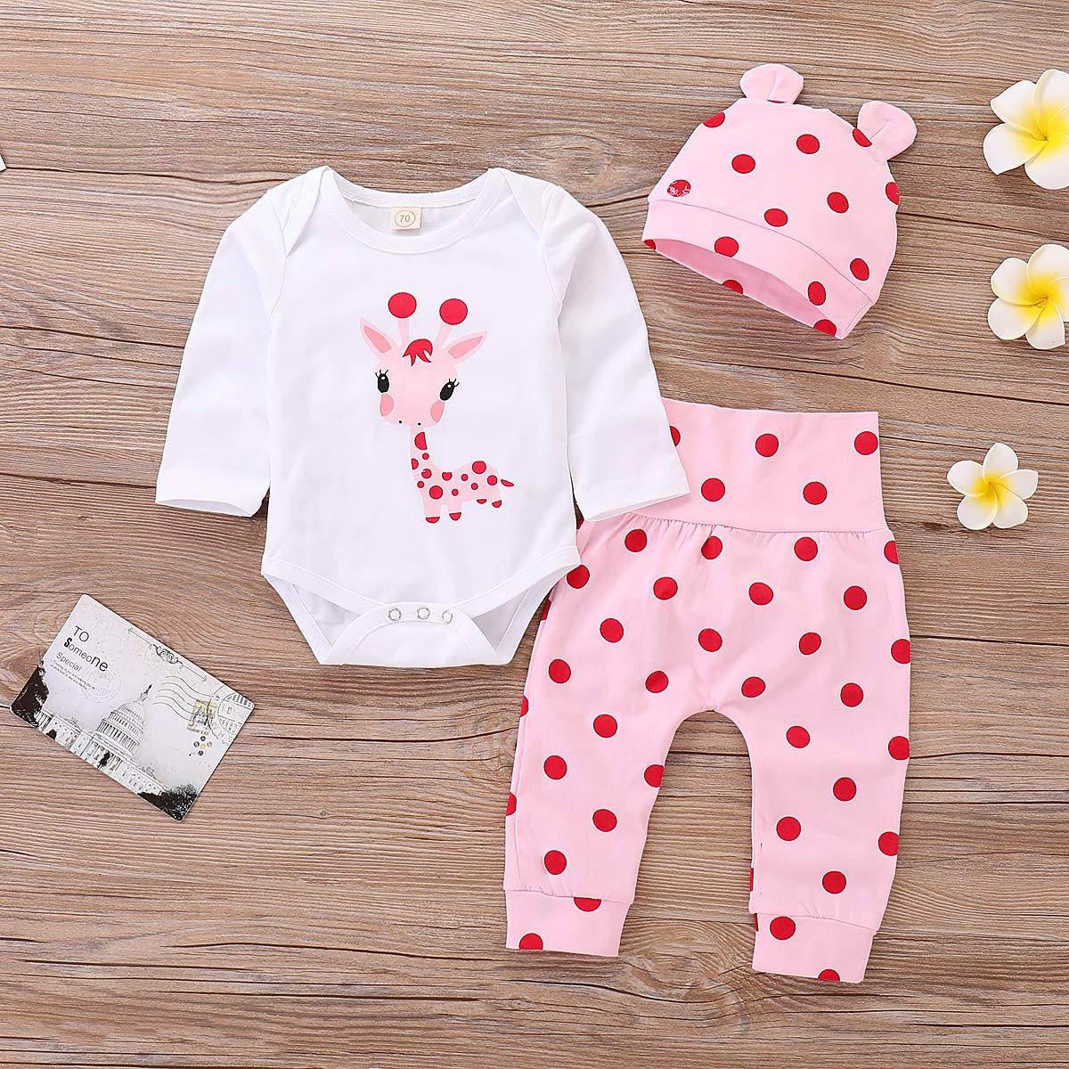 Juflam Neugeborene Baby Mädchen Kleidung Giraffe Strampler+Rosa Punkt Hose+ Hat 3Pcs Bekleidungssets