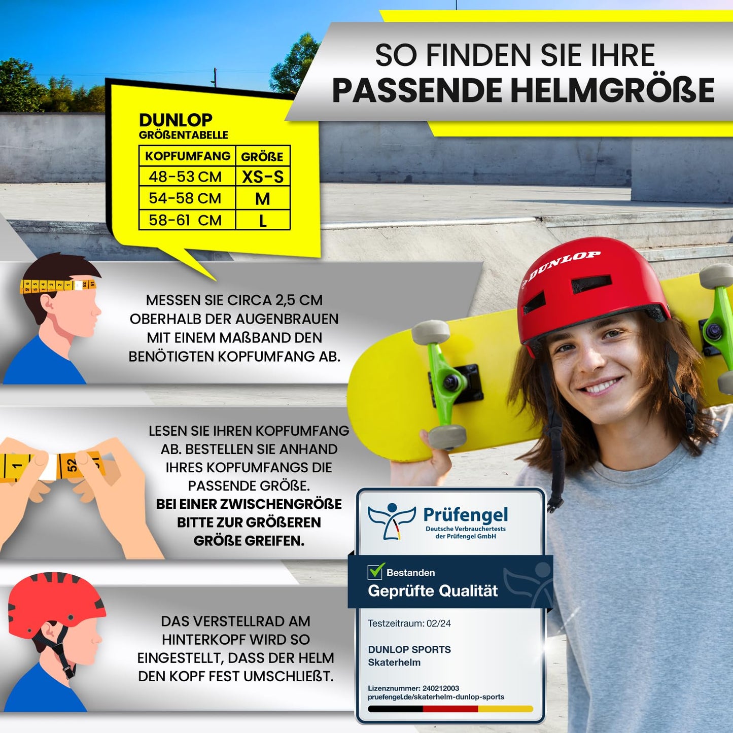 DUNLOP SPORTS Fahrradhelm Kinder Jugendliche Erwachsene - Test Sehr Gut - Leichter robuster Urban Allrounder Helm, 14 Fach belüftet, Schnellverschluss, Auto Kopfanpassung
