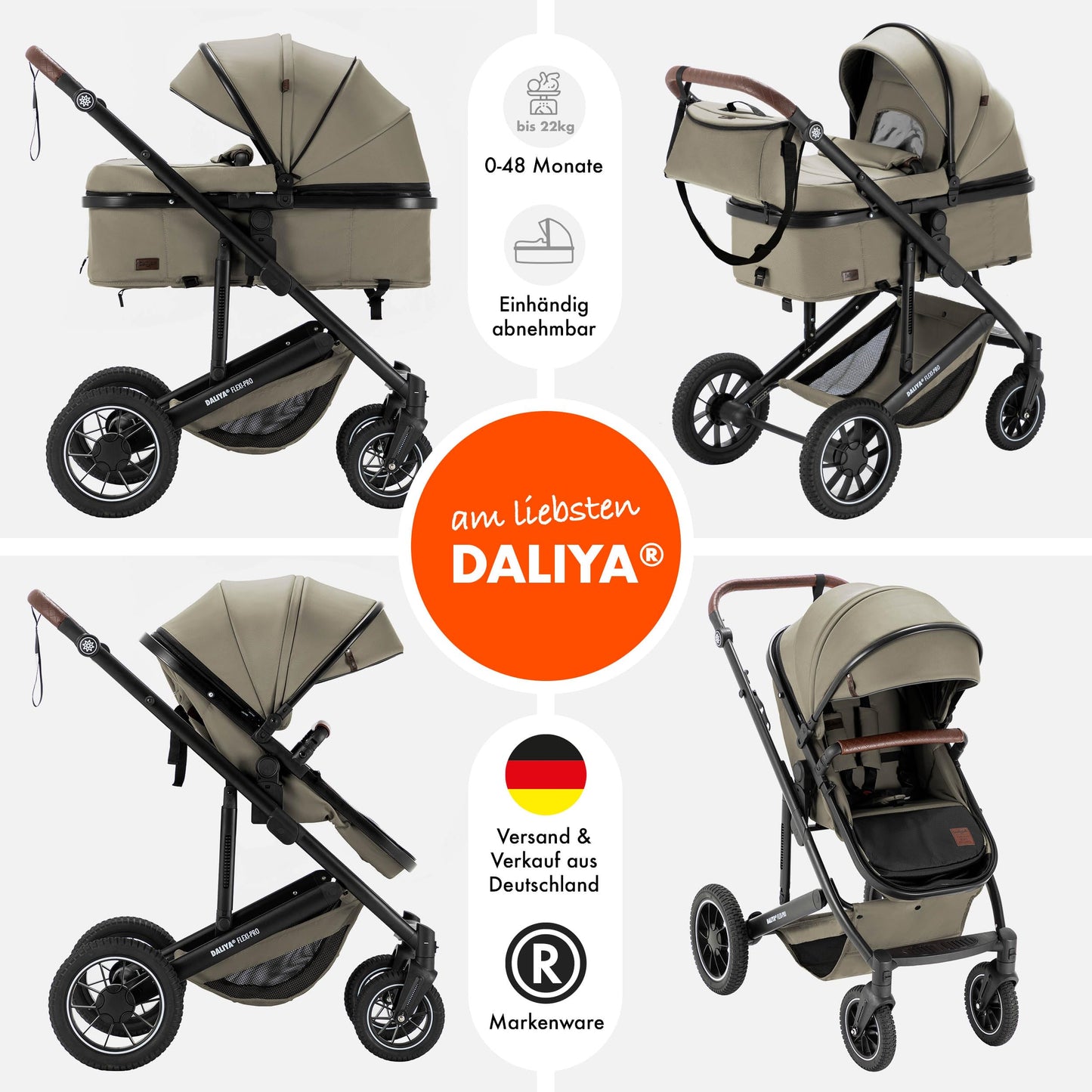 Daliya® FLEXI-PRO M 2in1 Kombikinderwagen & Buggy – XXL-Set, Reise-Kinderwagen mit Einhand-Abnahme, Wetterschutz, Sportsitz, Wickeltasche, Spieltisch, Regenschutz, dicke Matratze (Olivgrün)