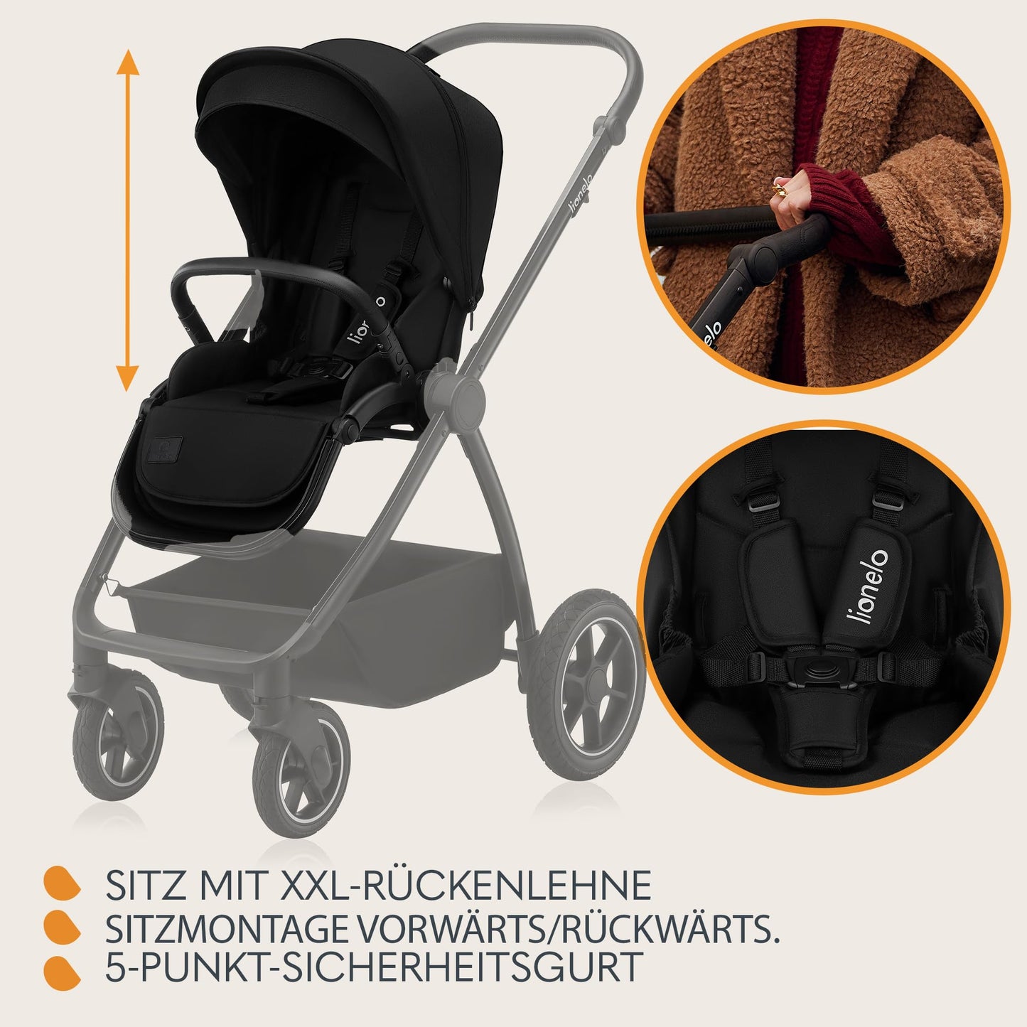 LIONELO MERIL 3-in-1 Multifunktionaler Kinderwagen 0-48 Monate Bis zu 22 kg, Babywanne bis zu 9 kg, Kindersitz bis zu 13 kg, Geländeräder 360°, Vollfederung, XXL-Verdeck mit UPF50+ - Meloni2
