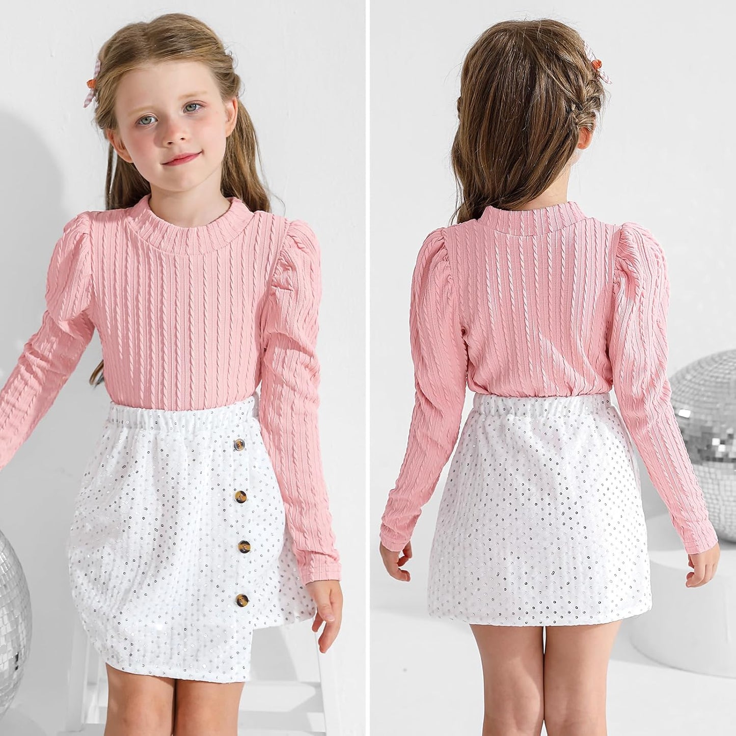 Bkixhv Baby Girls Clothes, Toddler Girls Skirt Set, Autumn Outfits, Long Puff Sleeves, Tops and Sequin Mini Skirt