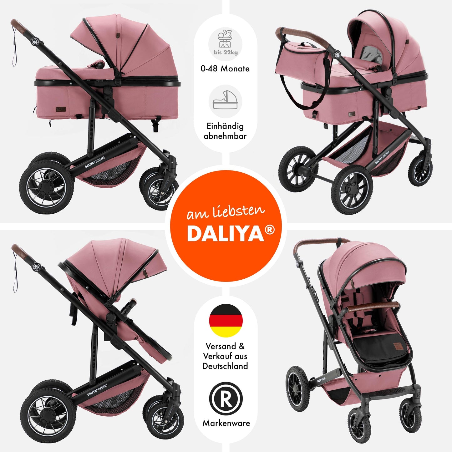 Daliya® FLEXI-PRO M 2in1 Kombikinderwagen & Buggy – XXL-Set, Reise-Kinderwagen mit Einhand-Abnahme, Wetterschutz, Sportsitz, Wickeltasche, Spieltisch, Regenschutz, dicke Matratze (Olivgrün)