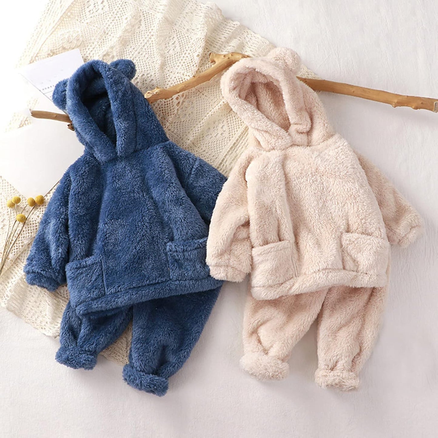 Fccrian Kleinkind Kinder Baby Mädchen Jungen Kleidung Winter Warm Kapuze Ohr Sweatshirt Tops und Hosen 2-teiliges Herbst-Outfits Pyjama Nachtwäsche Set Baby Pyjama einfarbig