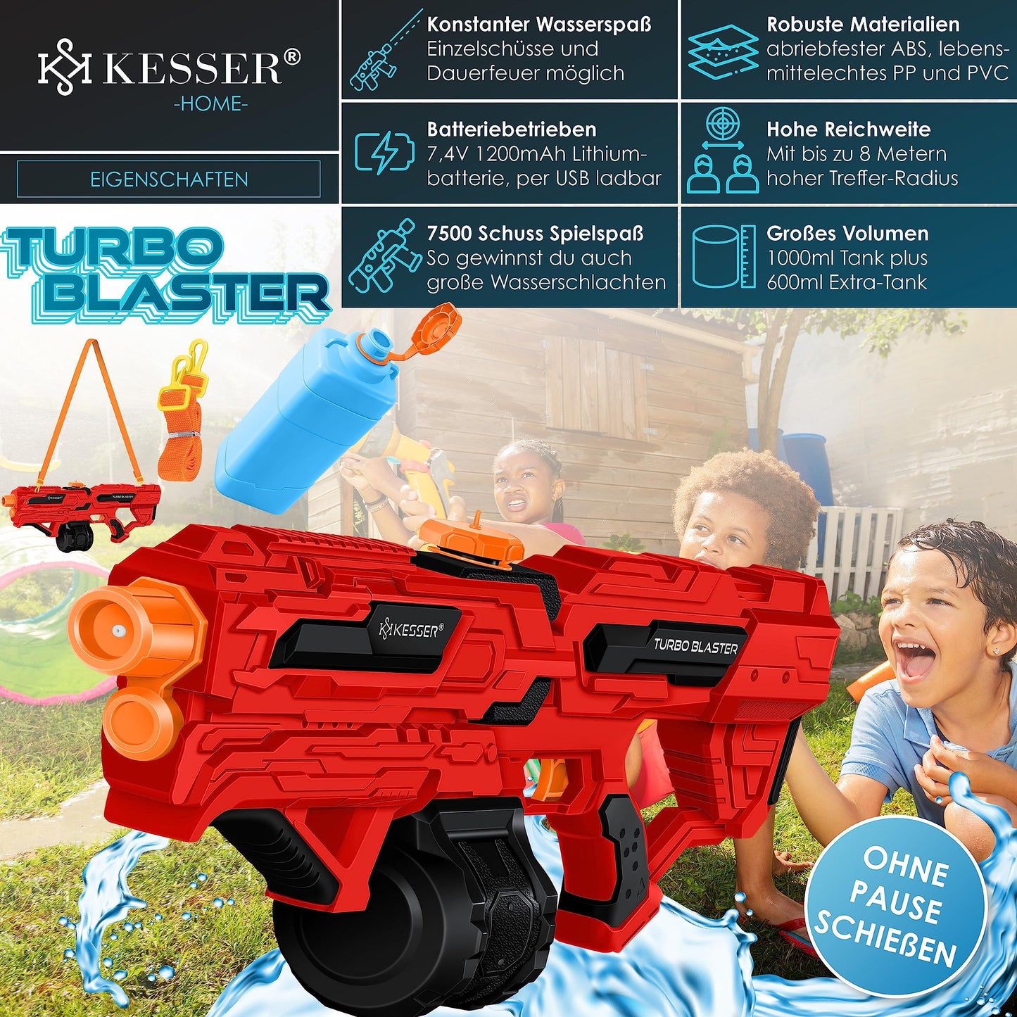 KESSER® Wasserpistole Elektrisch mit Akku Spritzpistolen 1000 ml große Wasserspritzpistole für Kinder und Erwachsene, 8m Reichweite, Wasserspielzeug inkl. Akku, Ladekabel & Extra-Tank Rot/Schwarz