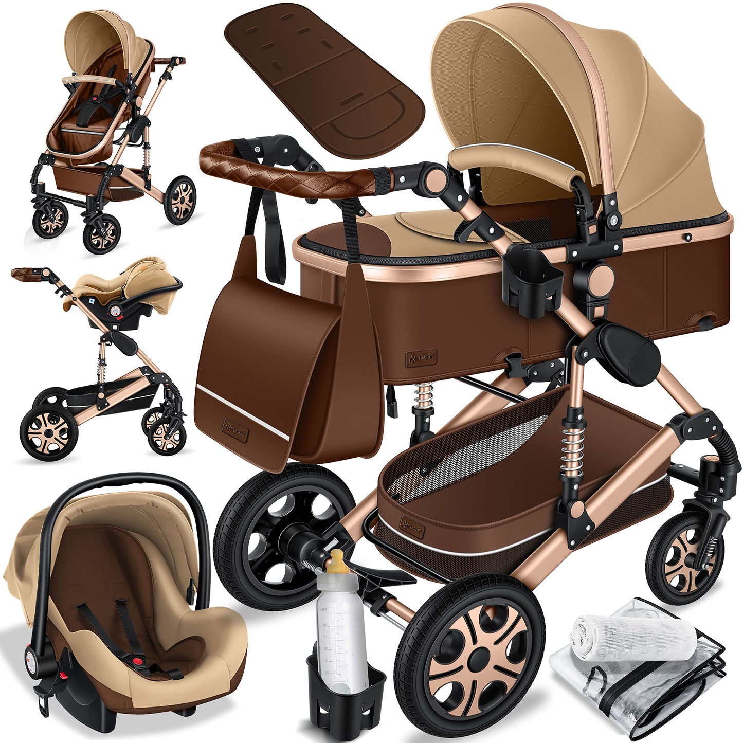 KESSER® Loops 3 in 1 Kinderwagen Kombikinderwagen Komplett-Set inkl. Babywanne & Buggy Sportsitz & Auto-Babyschale Voll-Gummireifen Wickeltasche Regenschutz Kindertisch ECE R129, Schwarz/Champagne - Meloni2