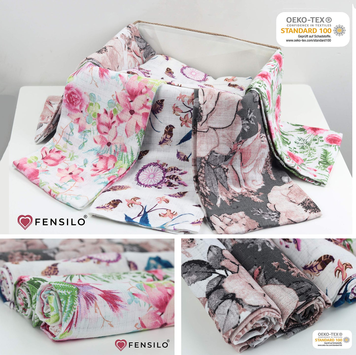 FENSILO - Mulltücher - Mullwindeln - 10er Pack 70x80 cm - Stoffwindeln, Made IN EU, schadstoffgeprüft - Spucktücher Set für Mädchen – Baby Mullwindeln- Rosa - Oeko-TEX Zertifiziert
