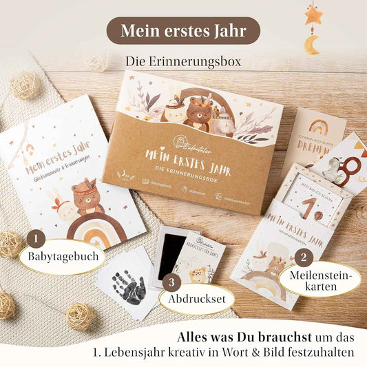 EULENTALER® Mein erstes Jahr I Die Erinnerungsbox 3in1 Sparset I Von Pädagogen gestaltet I Babyalbum, Meilensteinkarten, Baby Abdruckset I Geschenke zur Geburt & Babyparty I Für Jungen & Mädchen