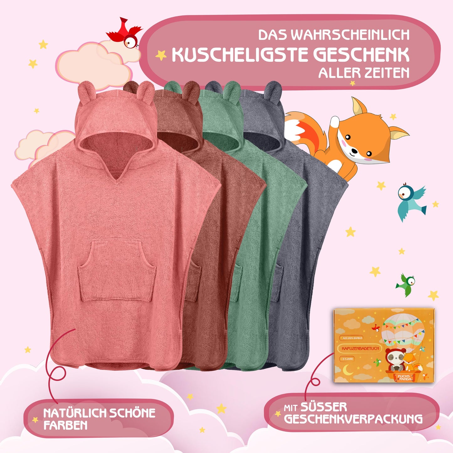 Fuchs&Panda® Badeponcho Kinder EXTRA warm, weich & kuschelig (100% Bambus) | Badeponcho Baby | Handtuch Poncho Kinder mit toller Geschenkverpackung (Kupfer-grün)