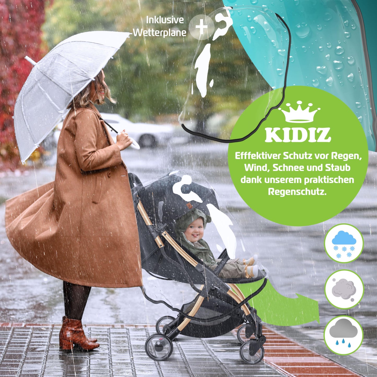 KIDIZ® Folding Pushchair, Sports Pram, 360° Wheels, 5-Point Harness, incl. Drinks Holder, Rain Cover, Adjustable Backrest and Sun Canopy, Red