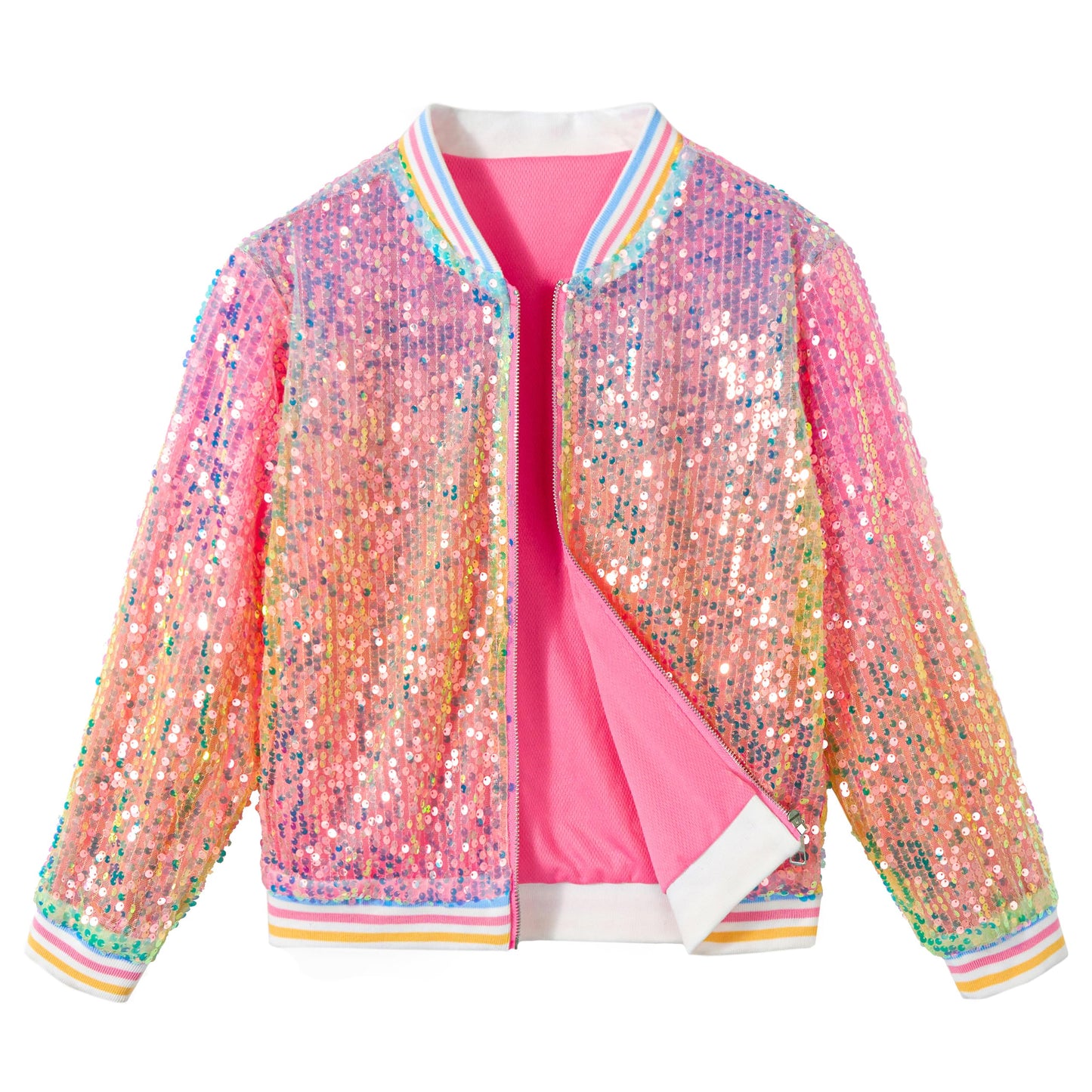 LOLANTA Girls Sequin Bomber Jacket with Pockets Zipper Long Sleeve Glitter Baseball Jackets for Kids 4-13 Years