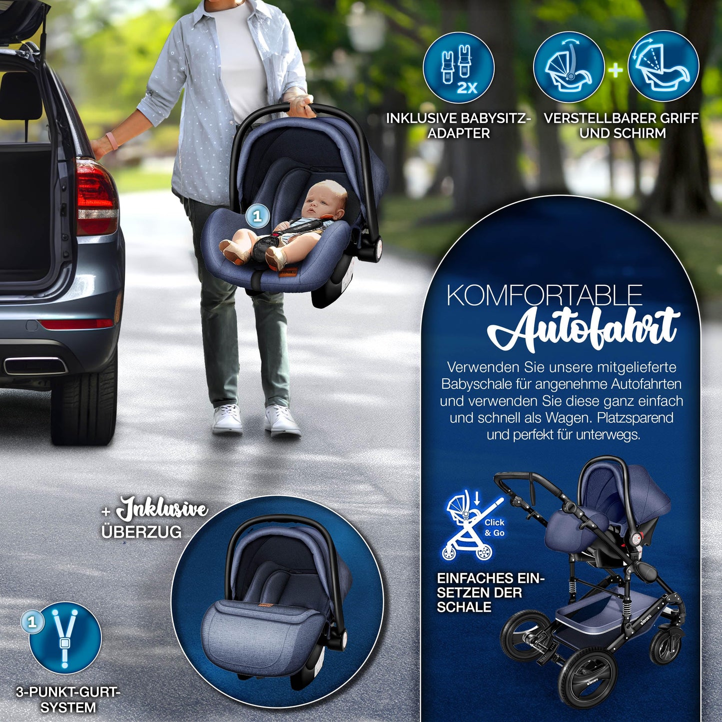 KIDUKU® 3 in 1 Kinderwagen Komplettset | Kombikinderwagen Set inkl. Babywanne & Buggy Sportsitz & Auto-Babyschale Fußsack | Vollgummireifen Wickeltasche Handwärmer Regenschutz Kindertisch ECE R129