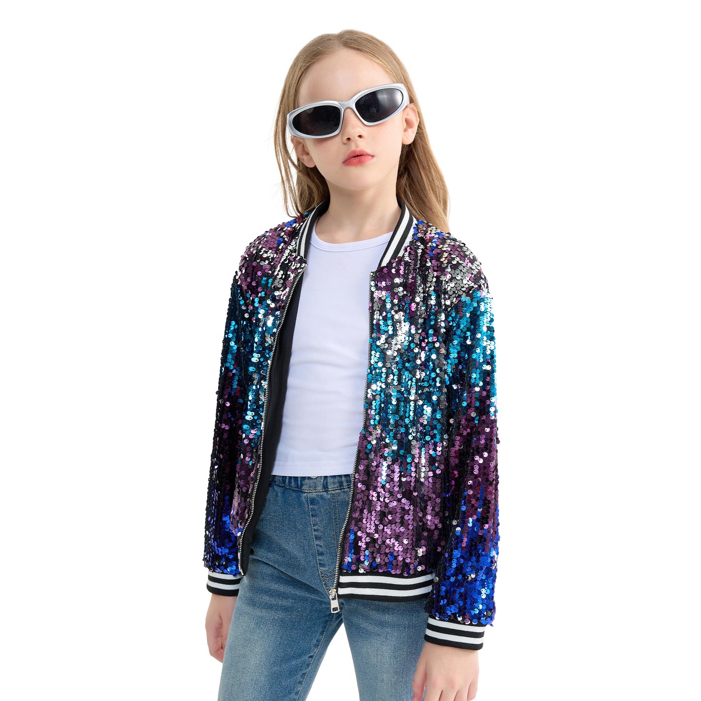 LOLANTA Girls Sequin Bomber Jacket with Pockets Zipper Long Sleeve Glitter Baseball Jackets for Kids 4-13 Years