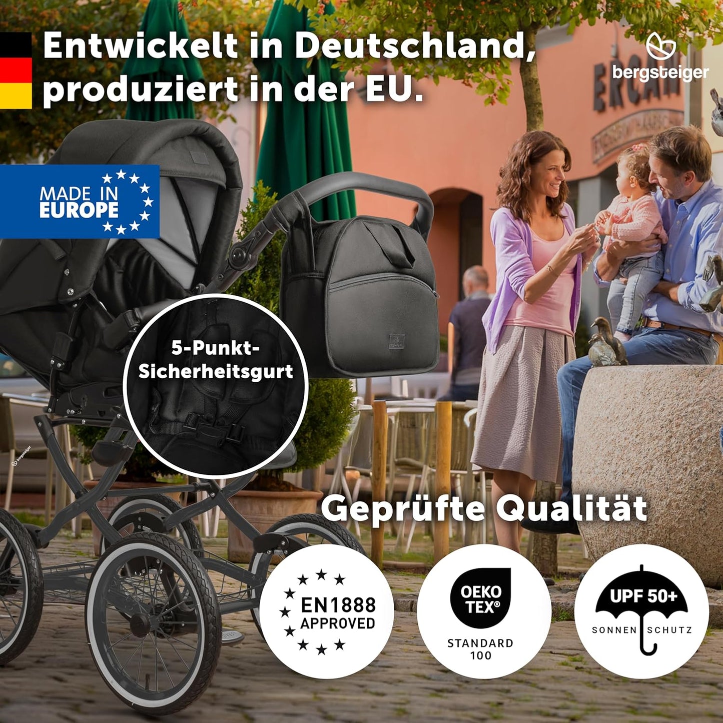 Bergsteiger Venice Nostalgia 3-in-1 Combination Pushchair - Baby Carrier, Sports Seat & i-Size Baby Seat, Pneumatic Tyres, Suspension, Height-Adjustable Handle, Foldable, Accessories