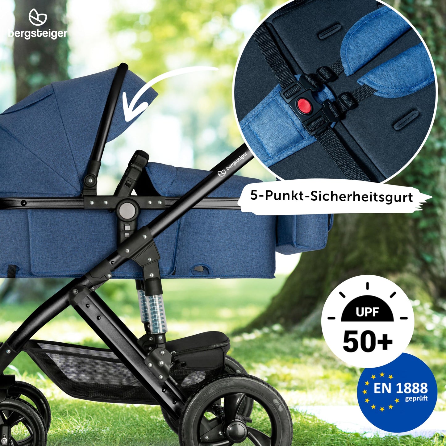 Bergsteiger Nizza 3 in 1 Kinderwagen, Kombikinderwagen Komplettset, Auto-Babyschale & Isofix Station, Babywanne & Buggy Sportsitz inklusive