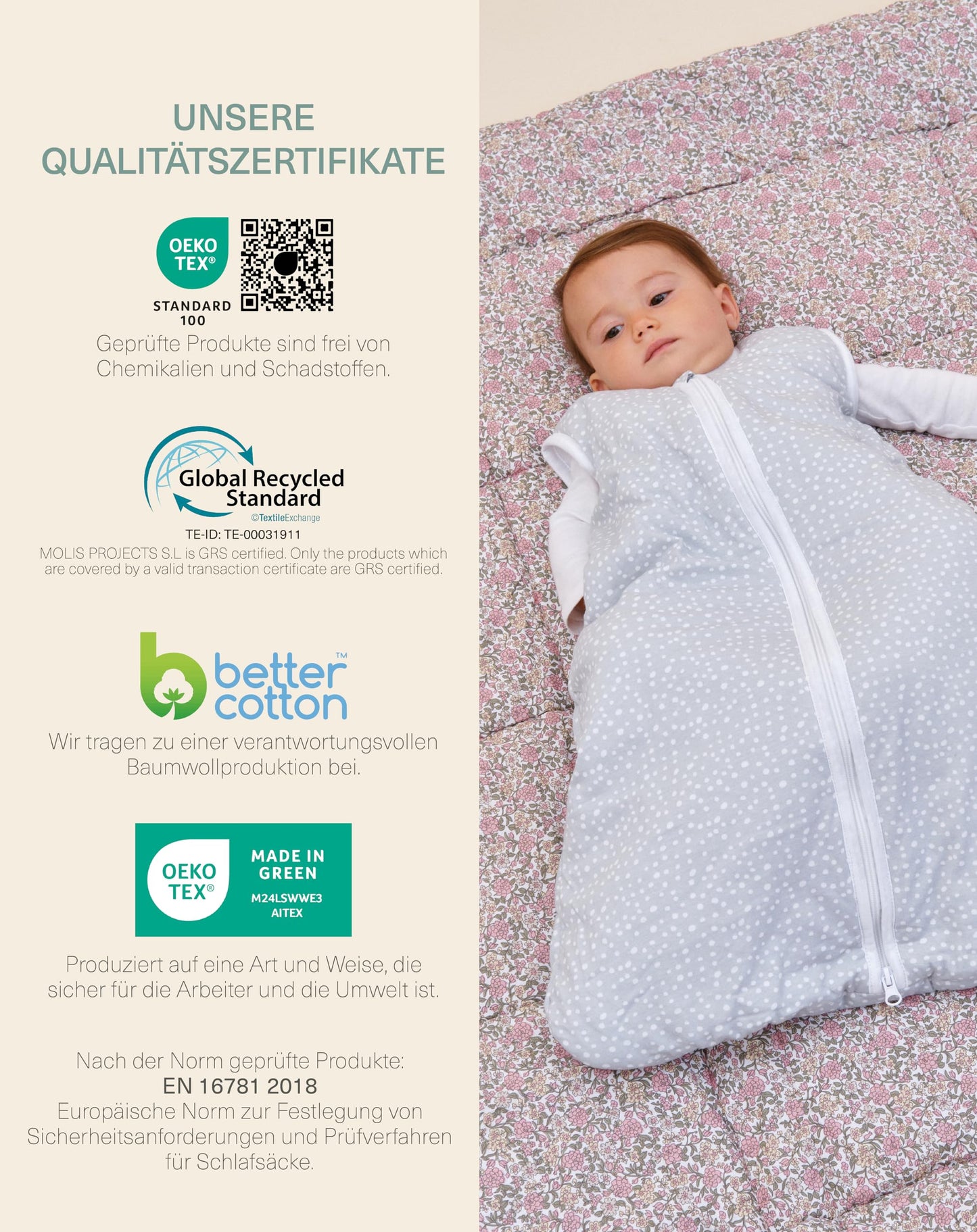 molis&co - Baby Sleeping Bag 2.5 TOG - All-Year Sleeping Bag - Baby Sleeping Bag Newborn - 100% Cotton (Oeko-Tex 100), Sleeveless Winter Sleeping Bag Padded - Premium Quality - Colima (70 cm)