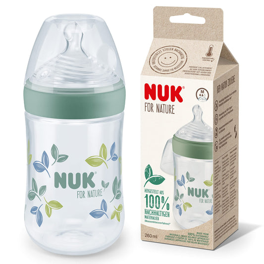 NUK for Nature Babyflaschen | mittelgroßer Trinksauger | 260 ml | Der Mutterbrust nachempfundener Anti-Colic Trinksauger ( Silikon) | Temperature Control | Nachhaltige Materialien | Grün