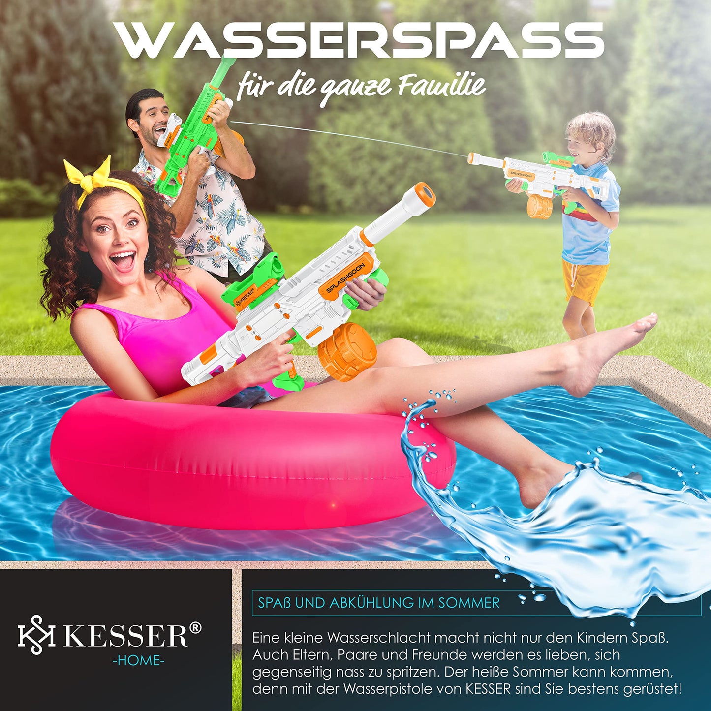 KESSER® Set mit 2 Wasserpistolen, Spritzpistolen mit Zielfernrohr, sehr große Reichweite 16 m, Kapazität 650 ml, Outdoor-Spielzeug für Kinder und Erwachsene, Weiß/Grün