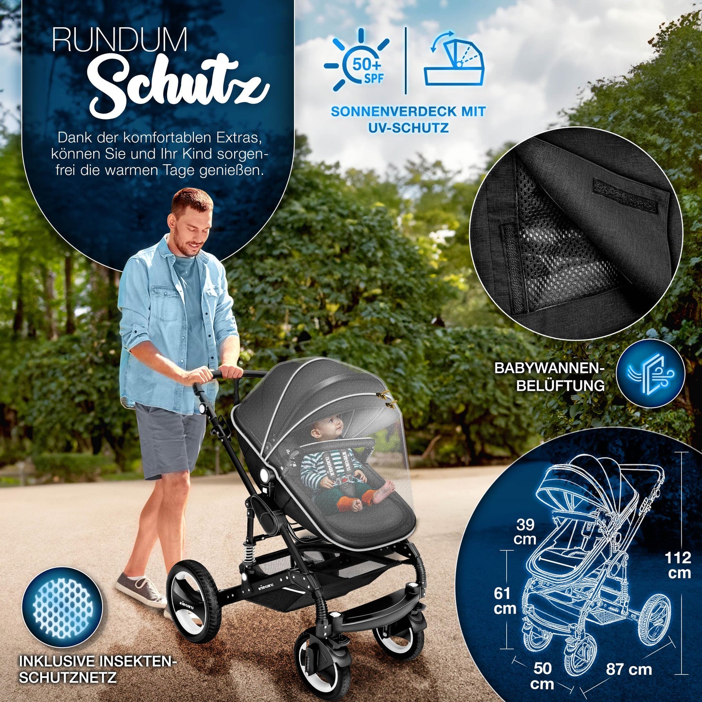 KIDUKU® 3 in 1 Kinderwagen Komplettset | Kombikinderwagen Set inkl. Babywanne & Buggy Sportsitz & Auto-Babyschale Fußsack | Vollgummireifen Wickeltasche Handwärmer Regenschutz Kindertisch ECE R129