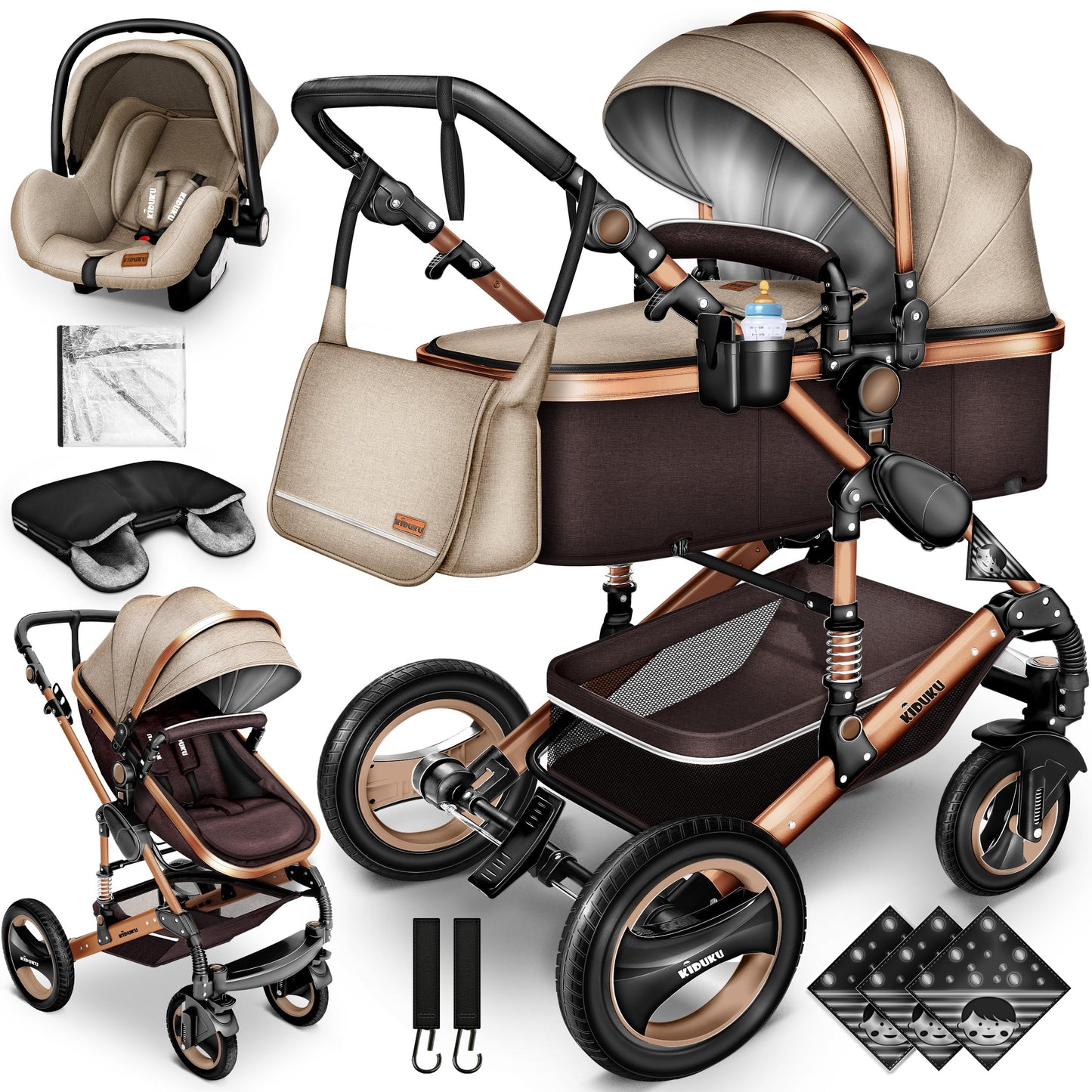 KIDUKU® 3 in 1 Kinderwagen Komplettset | Kombikinderwagen Set inkl. Babywanne & Buggy Sportsitz & Auto-Babyschale Fußsack | Vollgummireifen Wickeltasche Handwärmer Regenschutz Kindertisch ECE R129
