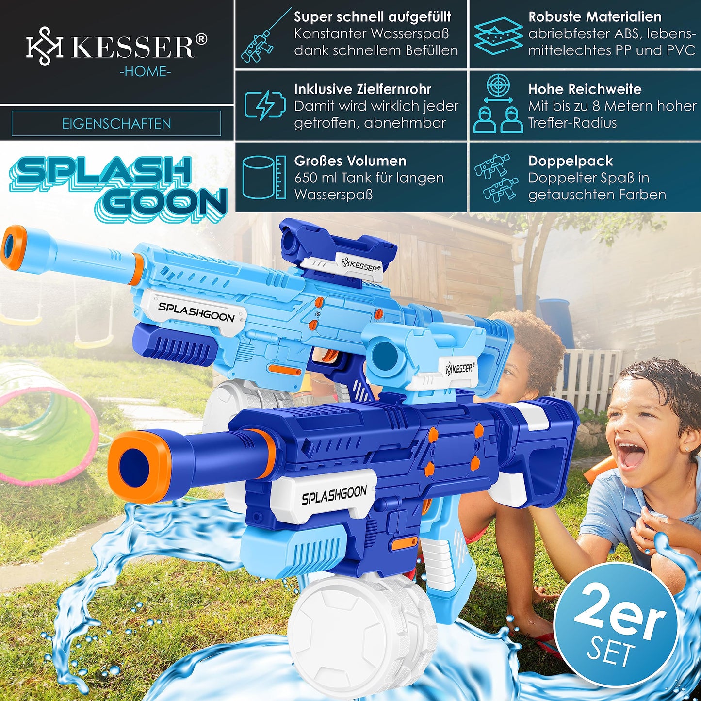 KESSER® Set mit 2 Wasserpistolen, Spritzpistolen mit Zielfernrohr, sehr große Reichweite 16 m, Kapazität 650 ml, Outdoor-Spielzeug für Kinder und Erwachsene, Weiß/Grün