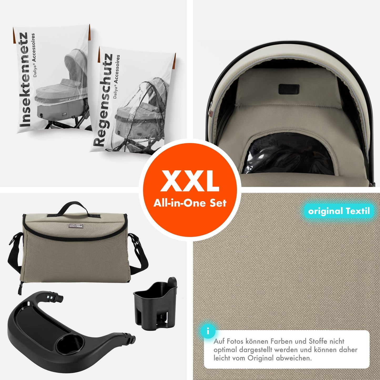 Daliya® FLEXI-PRO M 2in1 Kombikinderwagen & Buggy – XXL-Set, Reise-Kinderwagen mit Einhand-Abnahme, Wetterschutz, Sportsitz, Wickeltasche, Spieltisch, Regenschutz, dicke Matratze (Olivgrün)