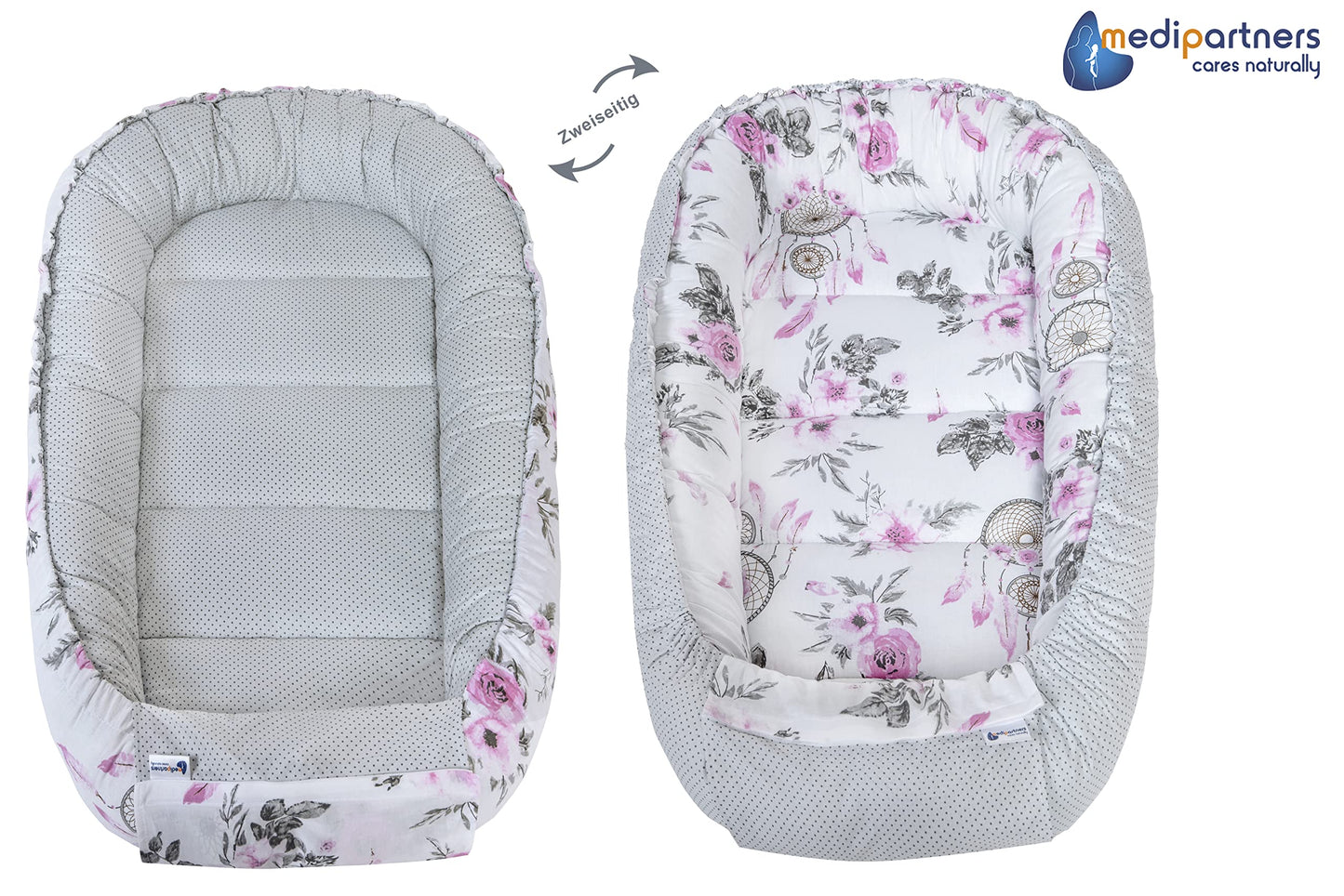 Medi Partners Babynestchen Babynest Set 100x60x15 Kuschelnest 5 teilig herausnehmbarer Einsatz Kokon Nestchen Babys Neugeborene 100% Baumwolle (REH mit Grauem Minky)