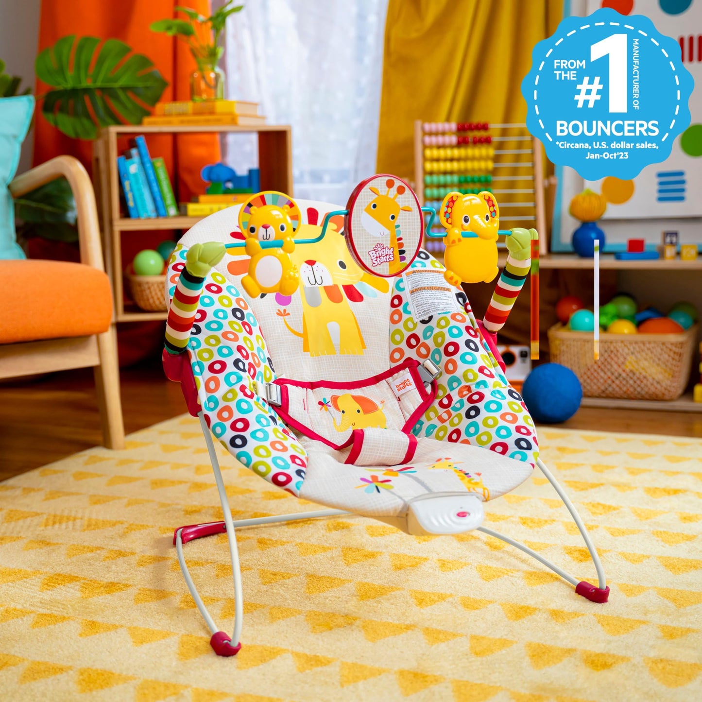 Bright Starts, Babywippe Babyschaukel Safari Fun mit Beruhigenden Vibrationen, Spielbogen mit 2 Spielzeugen, 3-Punkte-Gurt Sitz, Maschinenwaschbares Sitzpolster, ab der Geburt bis 9kg