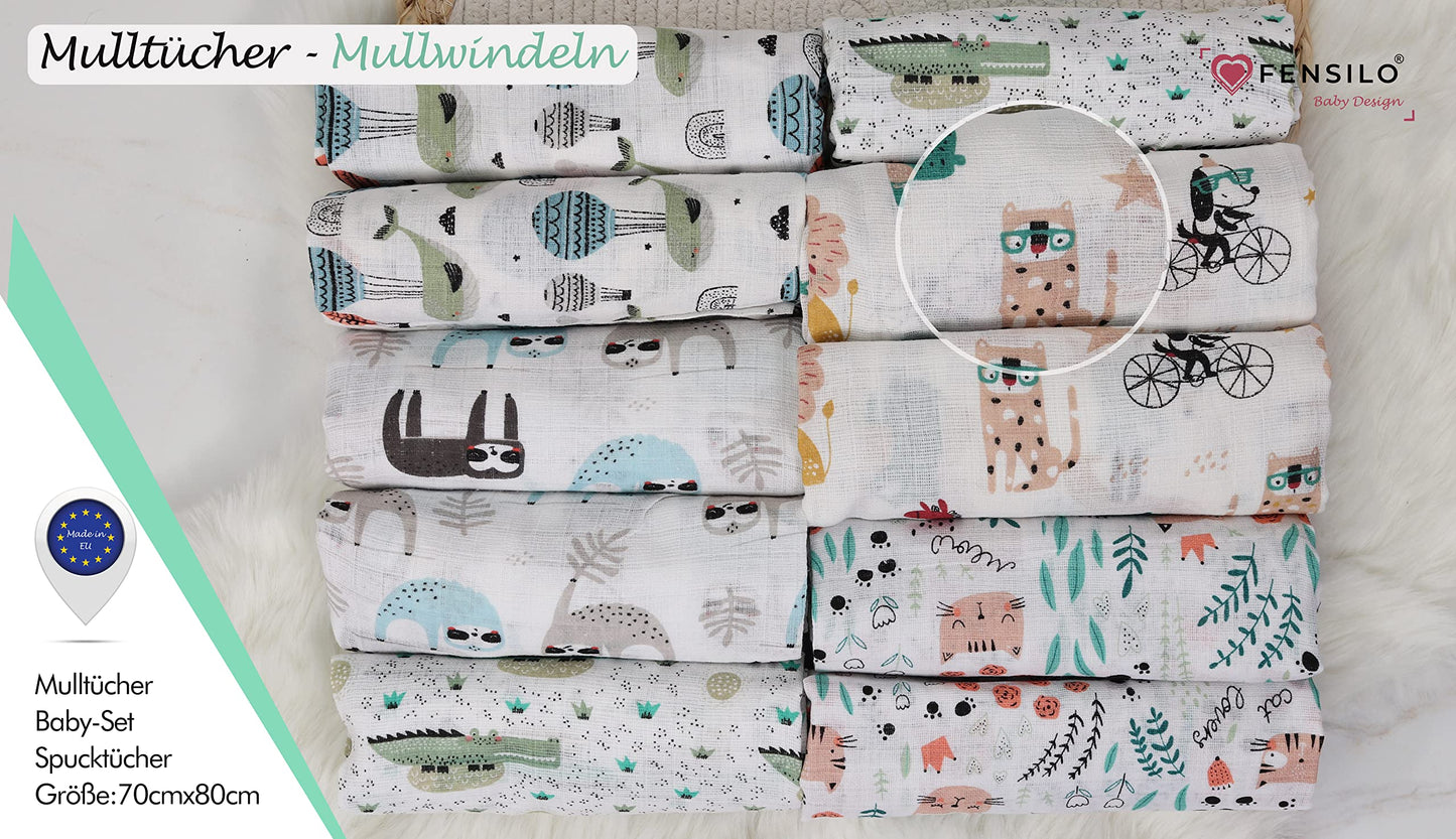 FENSILO - Mulltücher - Mullwindeln - 10er Pack 70x80 cm - Stoffwindeln, Made IN EU, schadstoffgeprüft - Spucktücher Set für Mädchen – Baby Mullwindeln- Rosa - Oeko-TEX Zertifiziert