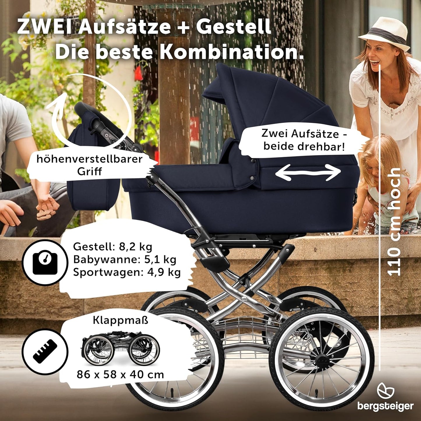 Bergsteiger Venice Nostalgia 4-in-1 Combination Pushchair - Baby Carrycot, Sports Seat, i-Size Baby Seat & Isofix Station, Pneumatic Tyres, Height Adjustable, Foldable, Accessories