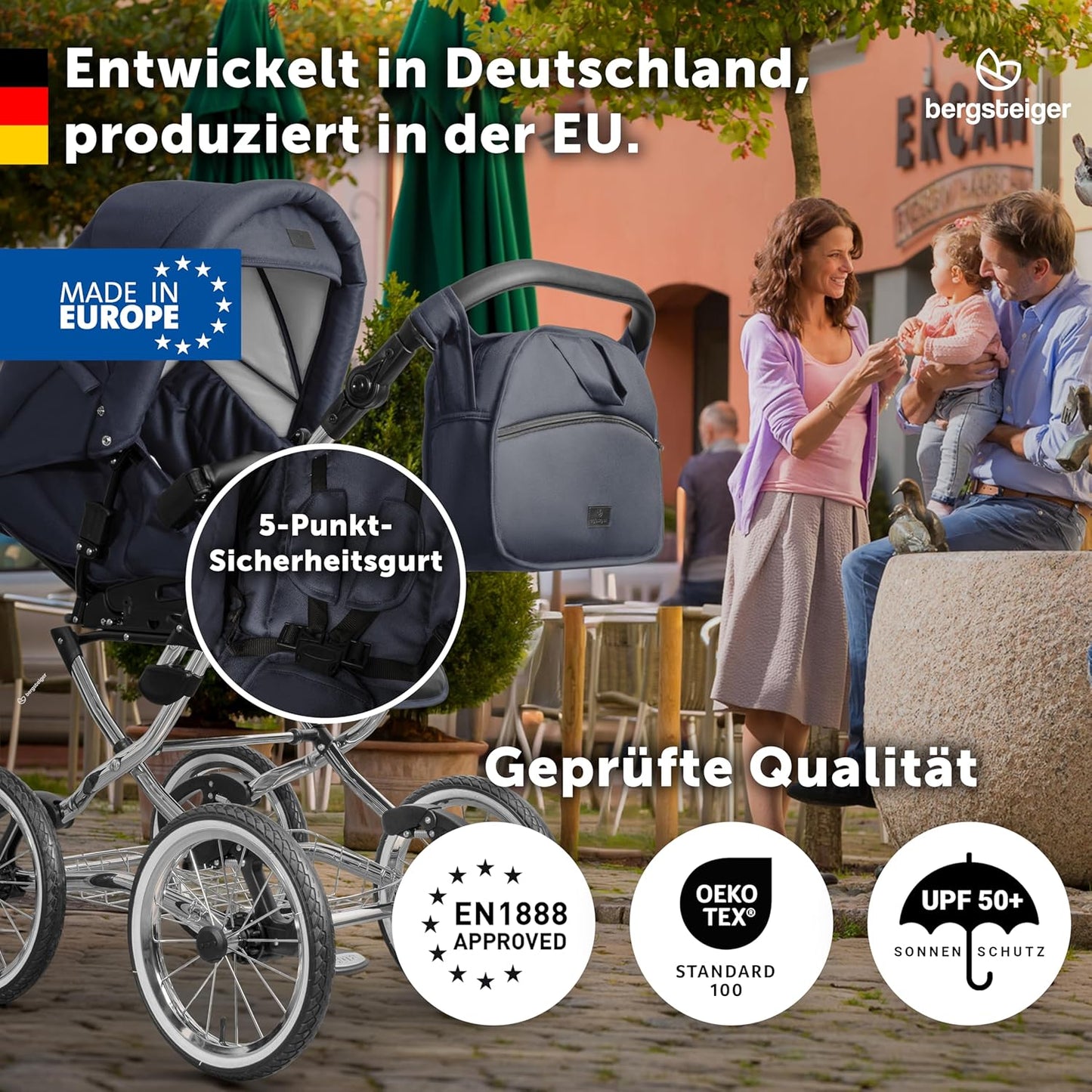 Bergsteiger Venice Nostalgia 4-in-1 Combination Pushchair - Baby Carrycot, Sports Seat, i-Size Baby Seat & Isofix Station, Pneumatic Tyres, Height Adjustable, Foldable, Accessories