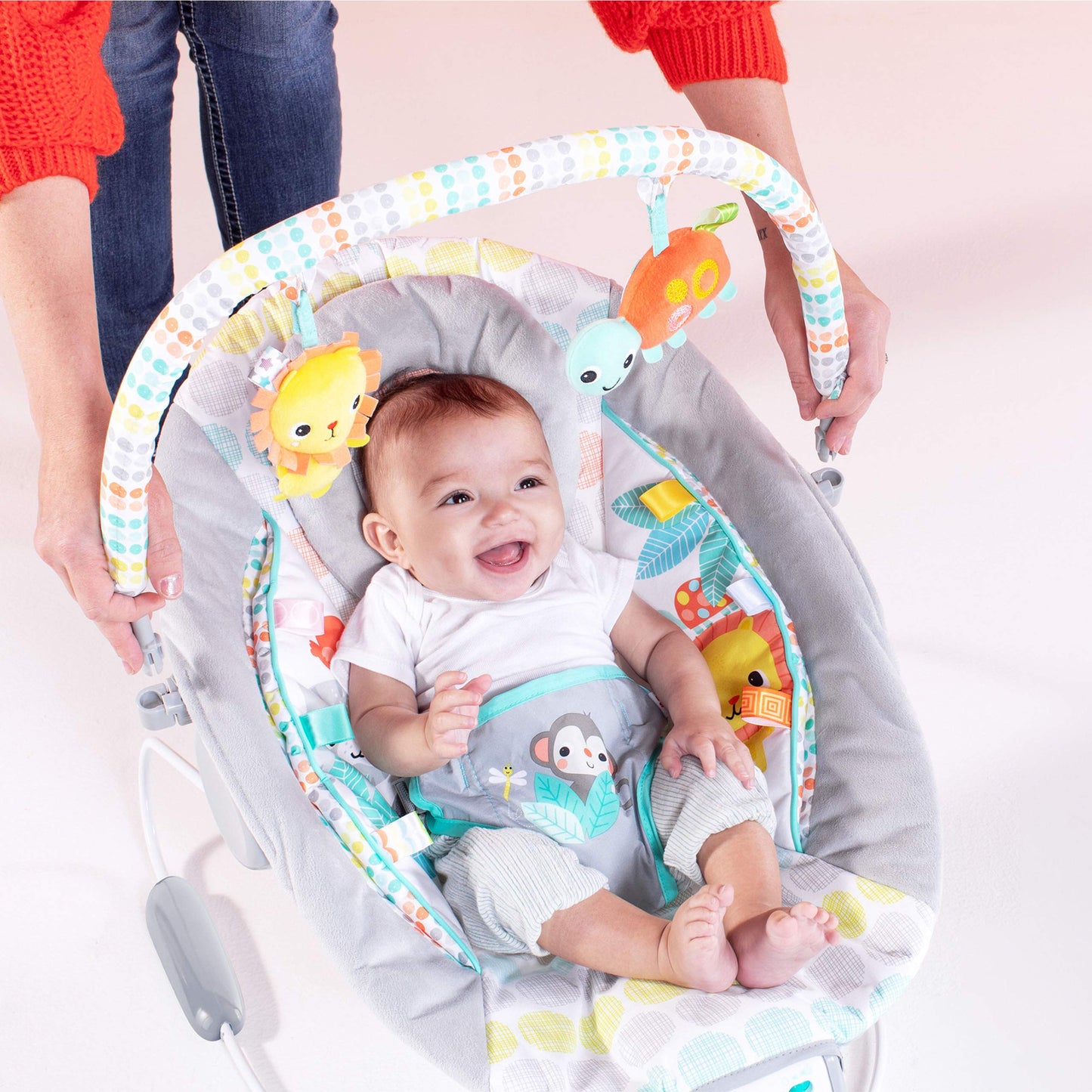 Bright Starts, Babywippe Babyschaukel mit beruhigenden Vibrationen, Babysitz, Musik, abnehmbarer Spielbügel, 0-6 Monate, bis zu 20 lbs (Whimsical Wild)