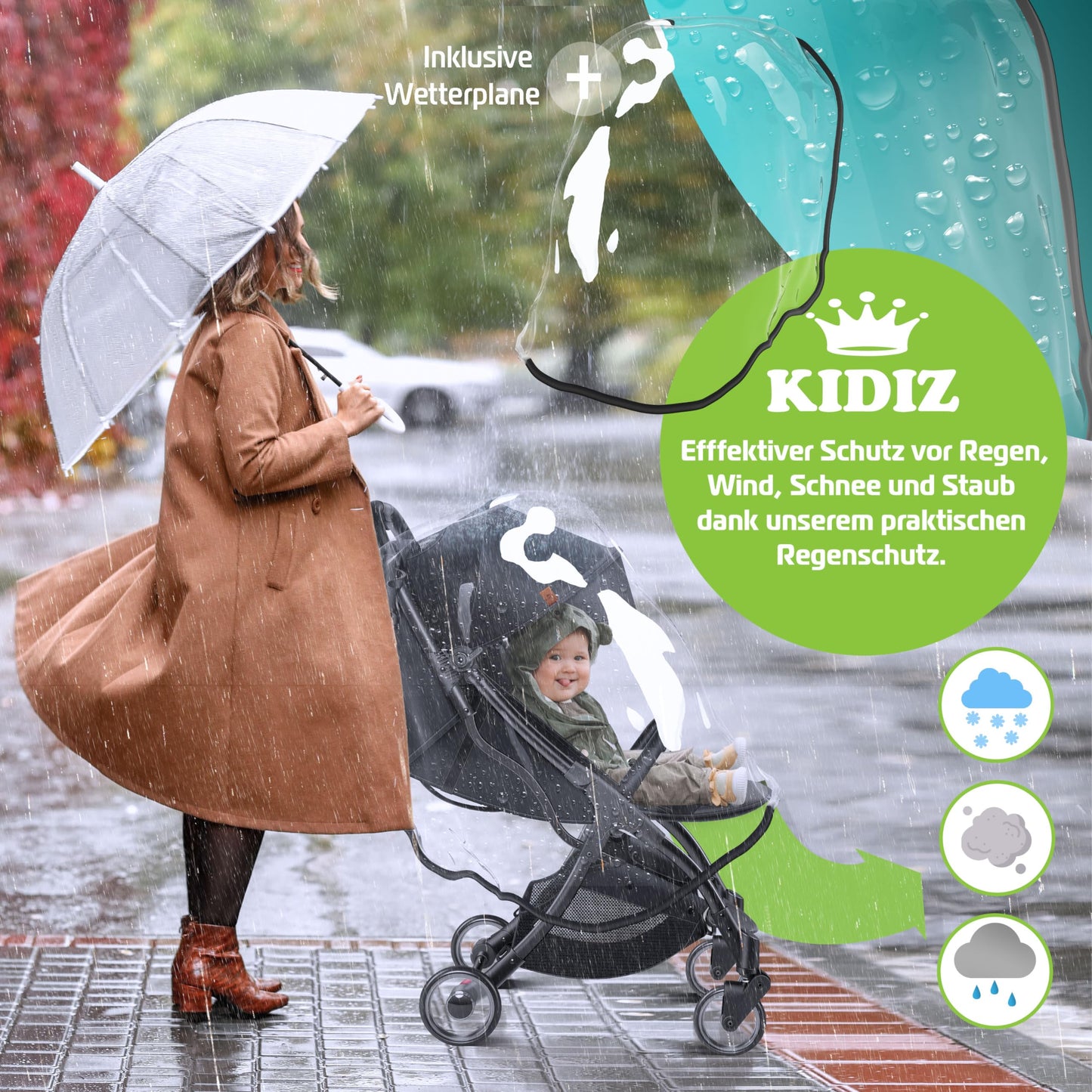 KIDIZ® Folding Pushchair, Sports Pram, 360° Wheels, 5-Point Harness, incl. Drinks Holder, Rain Cover, Adjustable Backrest and Sun Canopy, Red
