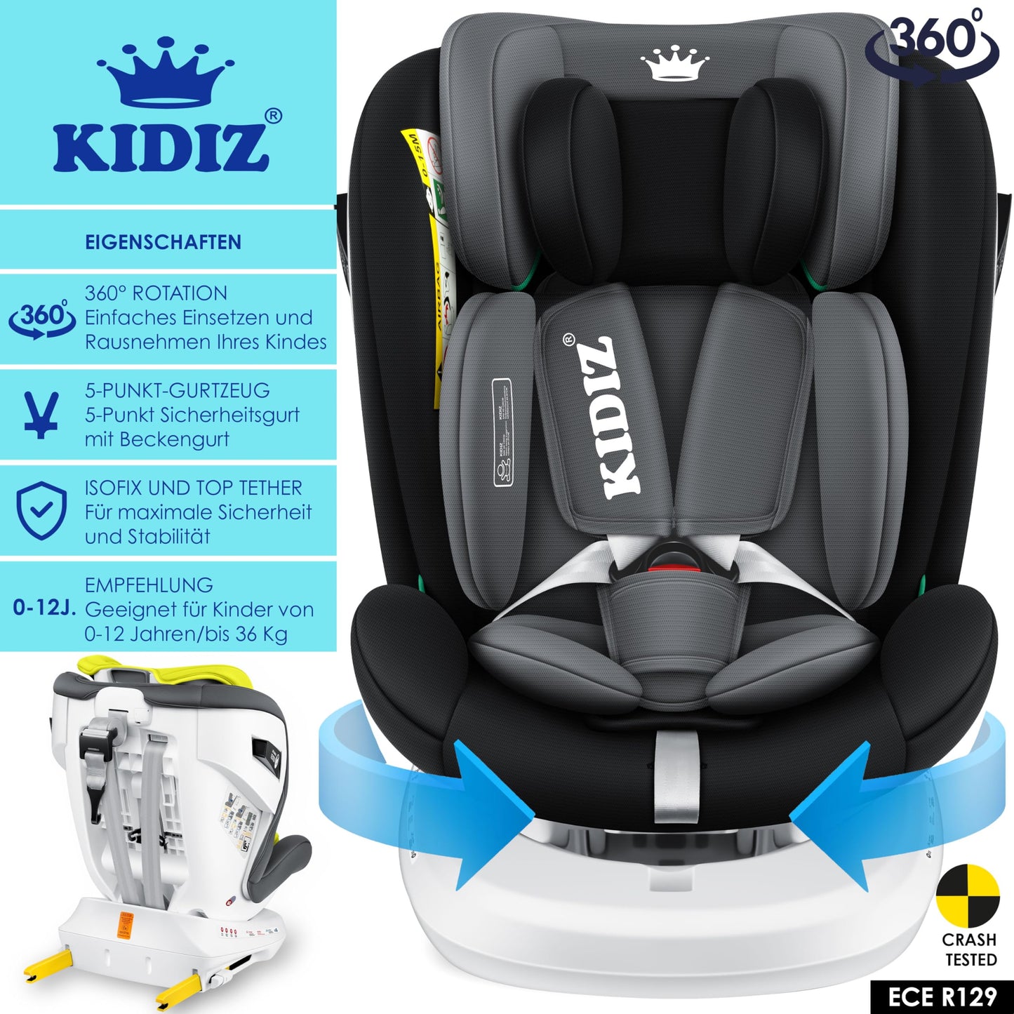 KIDIZ® Kindersitz Baby Autositz Kinderautositz Isofix Top Tether 360° drehbar Gruppe 0/1/2/3 ab Geburt 0-36kg Mit Sonnenschutzdach Seitenschutz 5 Punkt Gurt Kopfstützenverstellung ECE R129 Grau - Meloni2