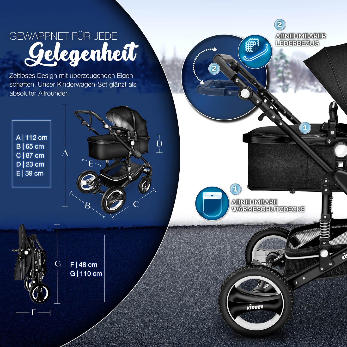 KIDUKU® 3 in 1 Kinderwagen Komplettset | Kombikinderwagen Set inkl. Babywanne & Buggy Sportsitz & Auto-Babyschale Fußsack | Vollgummireifen Wickeltasche Handwärmer Regenschutz Kindertisch ECE R129