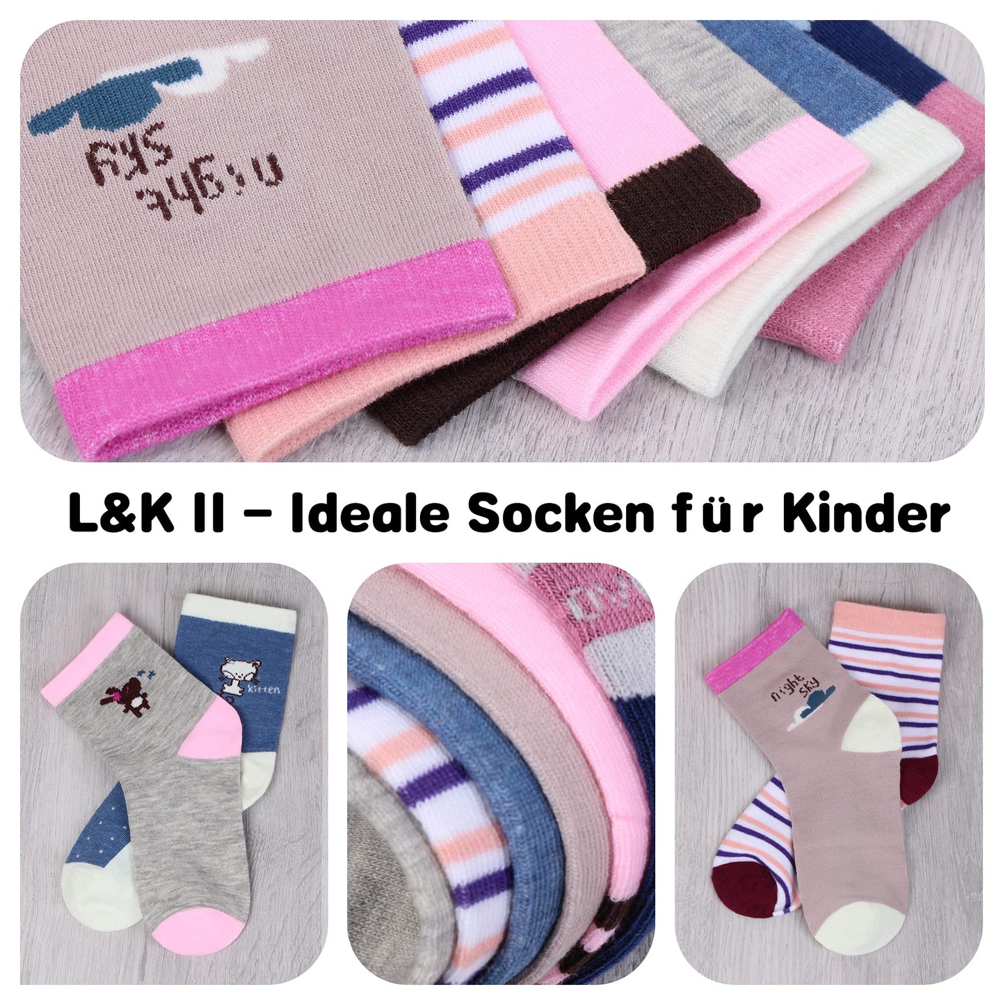 L&K-II 10/12 Paar Kinder Mädchen Socken aus Baumwolle Kleinkind niedliche Muster Kids Sneakersocken bunt 2808VA