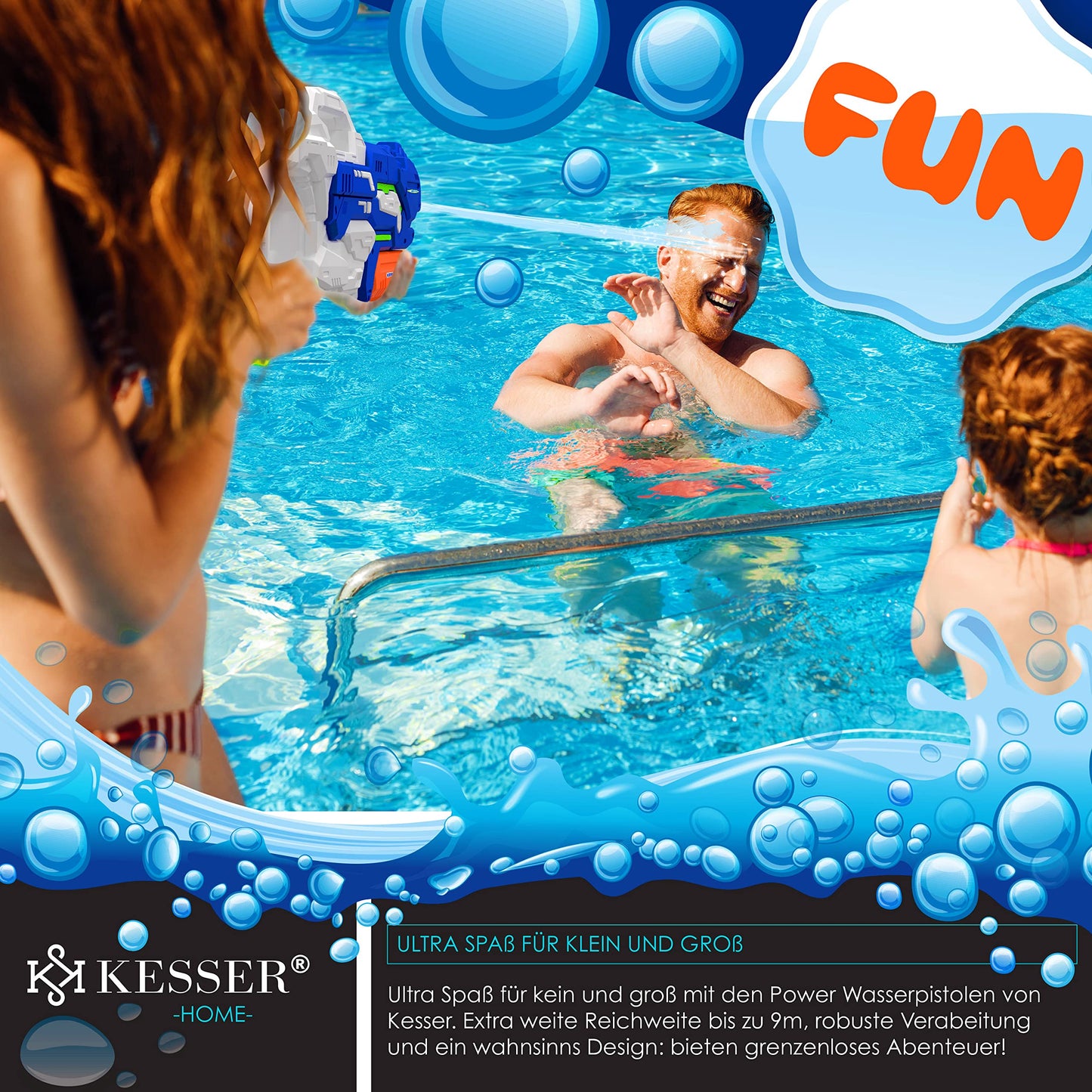 KESSER® Wasserpistole 2er Set Wasserpistolen Spritzpistolen Reichweite 10-11 Meter, Fassungsvermögen 1500ml Wasserspaß Strand Spielzeug im Freien für Kinder und Erwachsene Strandpool, Blau/Weiß