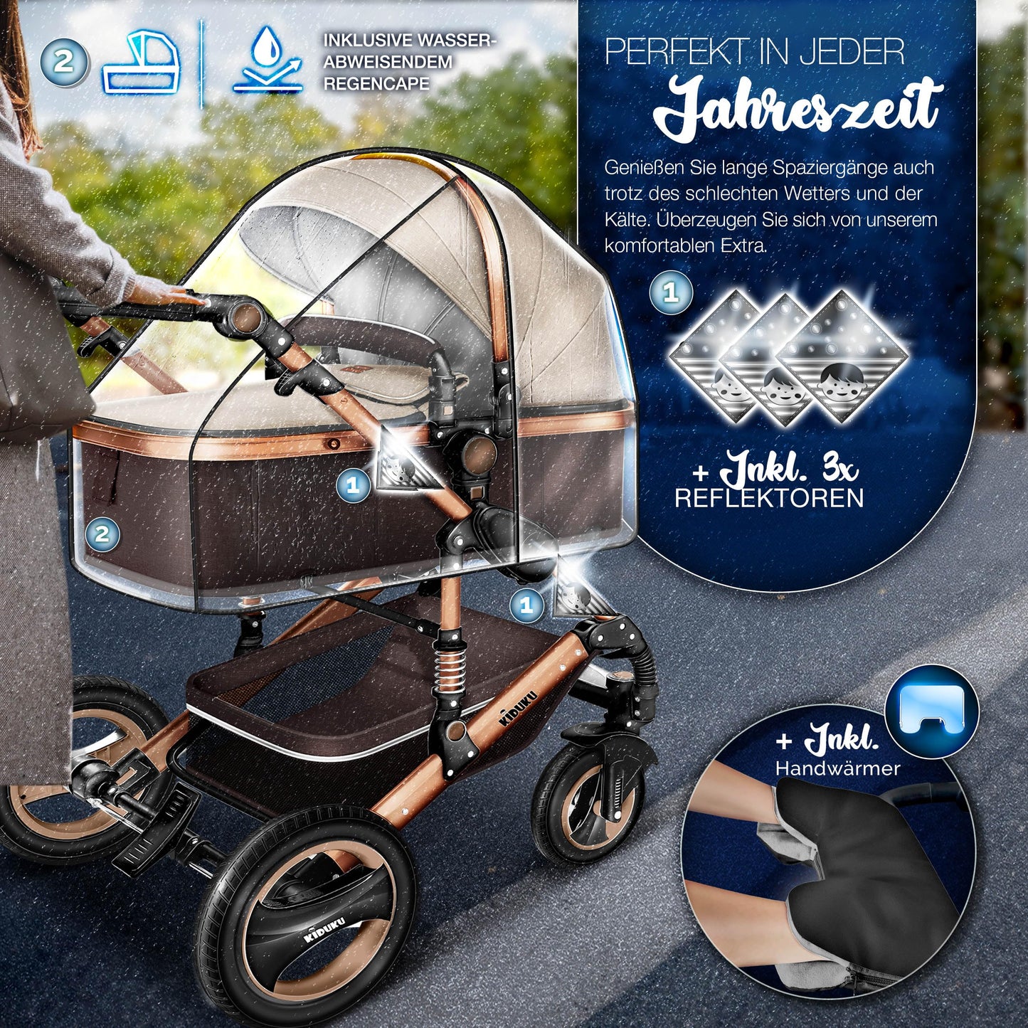 KIDUKU® 3 in 1 Kinderwagen Komplettset | Kombikinderwagen Set inkl. Babywanne & Buggy Sportsitz & Auto-Babyschale Fußsack | Vollgummireifen Wickeltasche Handwärmer Regenschutz Kindertisch ECE R129