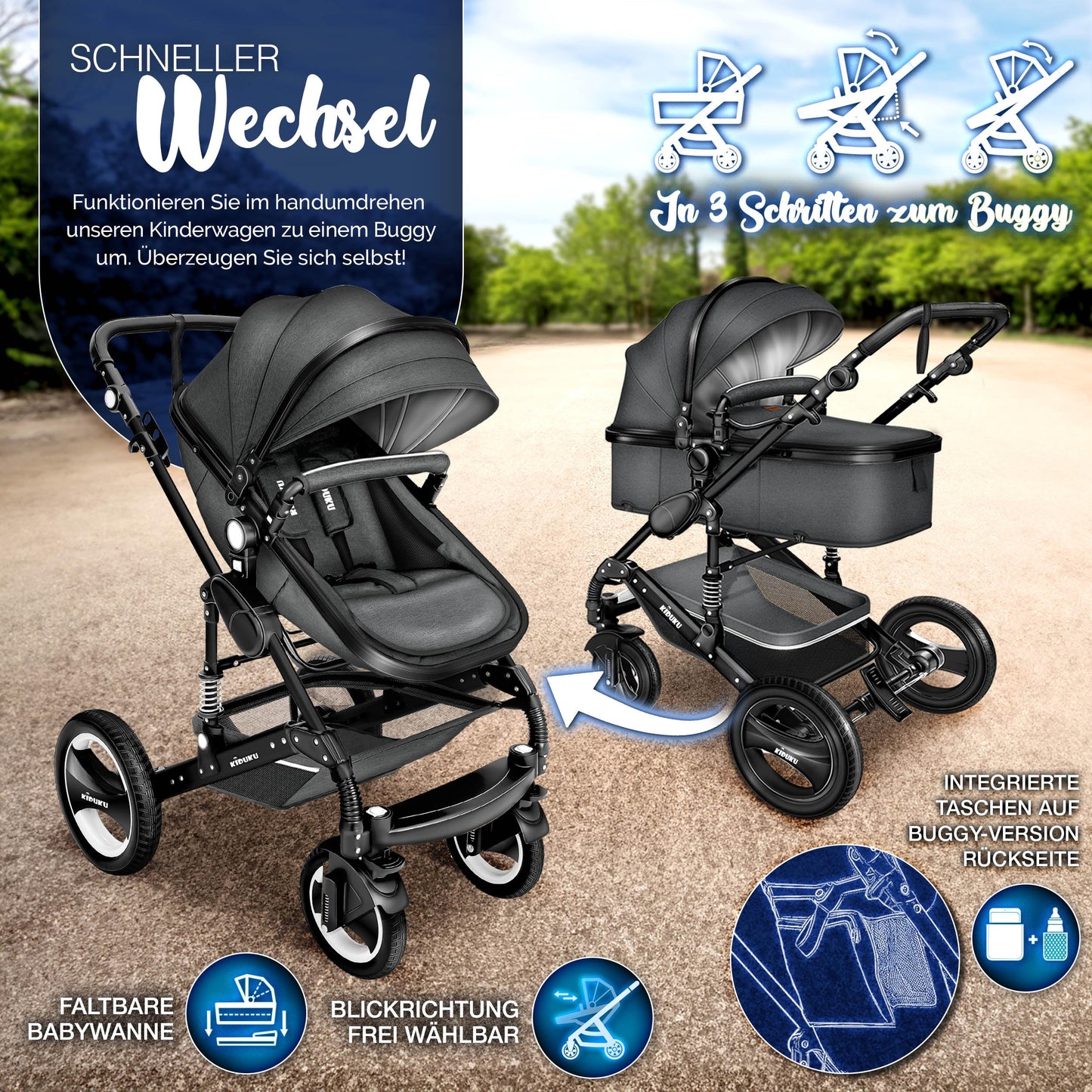 KIDUKU® 3-in-1 Stroller Complete Set | Combi Stroller Set including Carrycot & Buggy, Sports Seat & Car Seat, Footmuff | Solid Rubber Tires, Changing Bag, Hand Warmers, Rain Cover, Children's Table, ECE R129