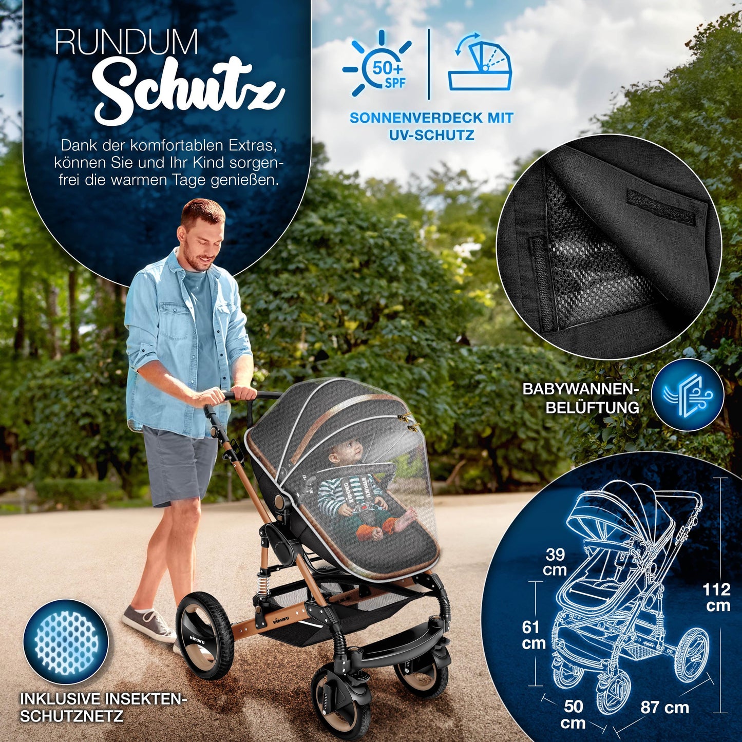 KIDUKU® 3 in 1 Kinderwagen Komplettset | Kombikinderwagen Set inkl. Babywanne & Buggy Sportsitz & Auto-Babyschale Fußsack | Vollgummireifen Wickeltasche Handwärmer Regenschutz Kindertisch ECE R129