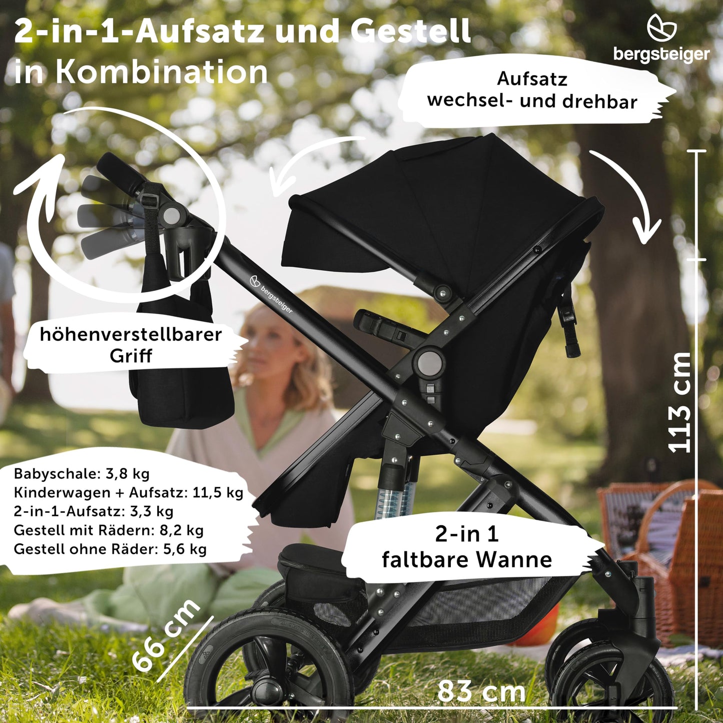 Bergsteiger Nizza 3 in 1 Kinderwagen, Kombikinderwagen Komplettset, Auto-Babyschale & Isofix Station, Babywanne & Buggy Sportsitz inklusive