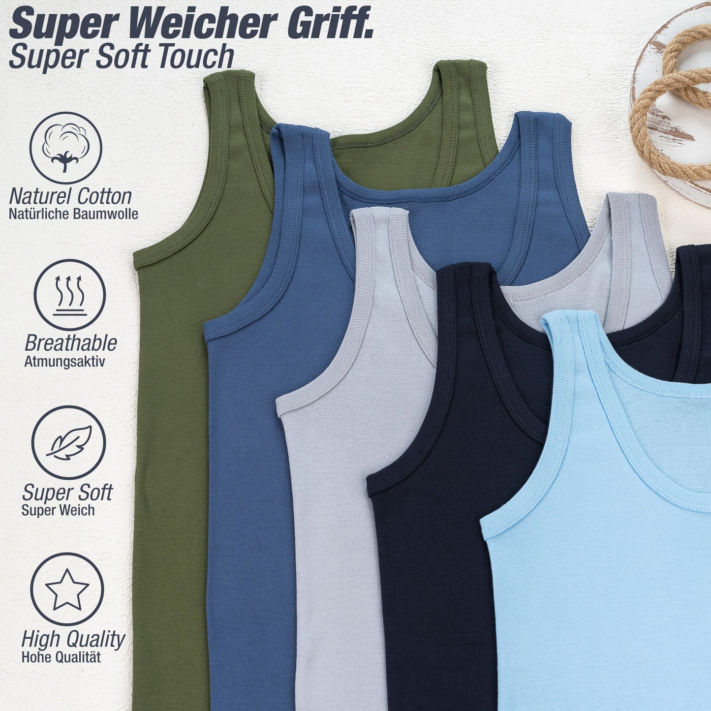 LOREZA ® 5 Pack Jungen Unterhemden Feinripp 100% Baumwolle ohne Seitennaht Tank Top