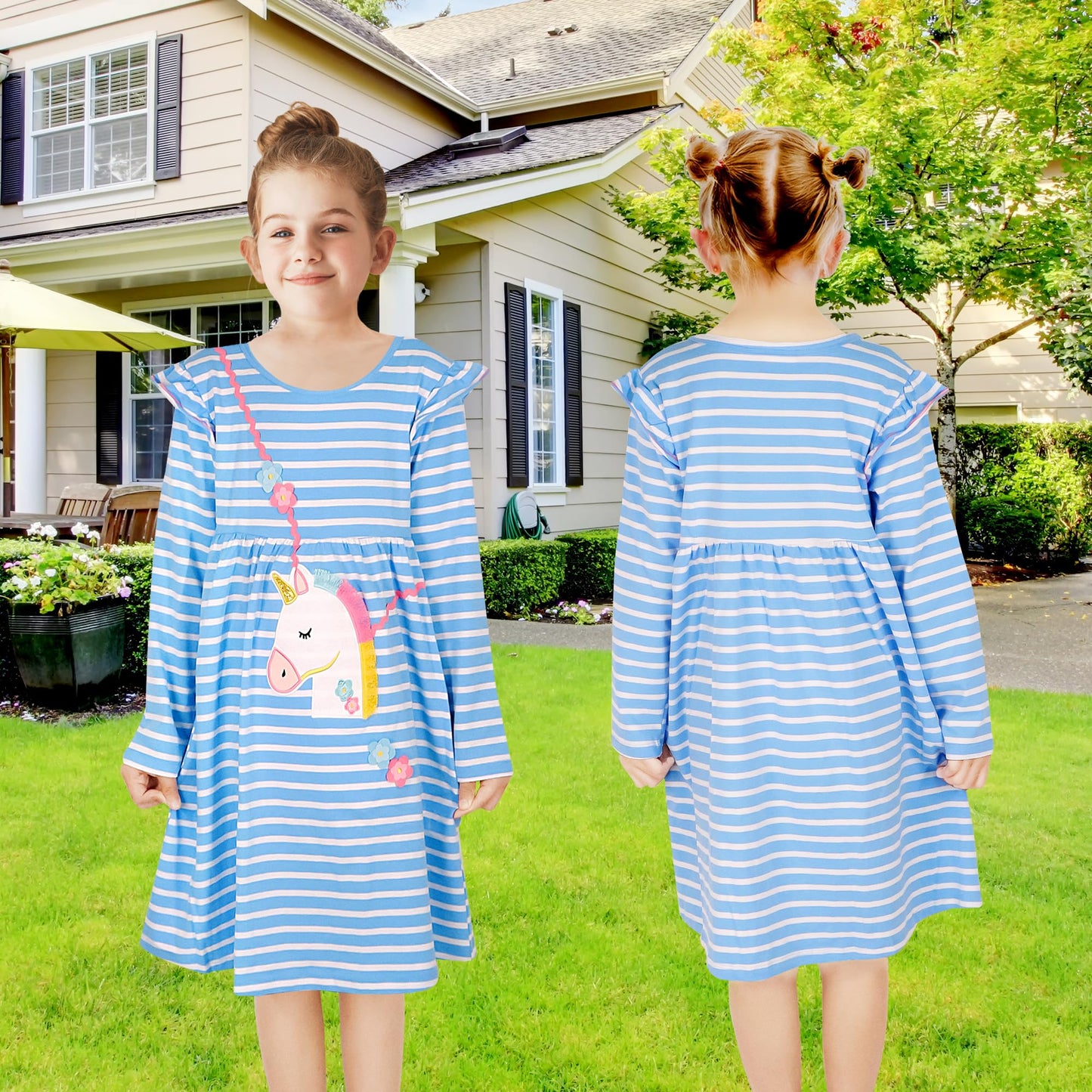 JinBei Mädchen Kleid Baumwolle Rundhals Rüschen Ärmellos Lässige Einhorn Cartoon-Applikationen Blau/Weiße Gestreift Kleidung Kinder Sommer Party Festliches Prinzessin A-Linie Kleider Gr. 98-128