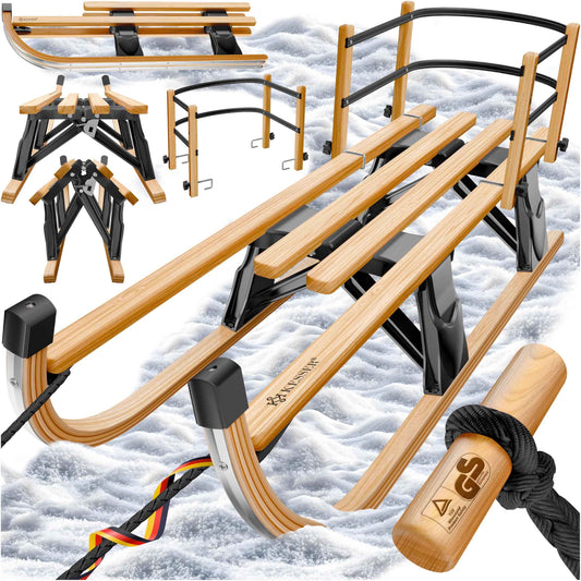 KESSER® Wooden Sledge Premium Children's Folding Sledge Made of Beech Wood Including Pull Rope Slider Metal Runners