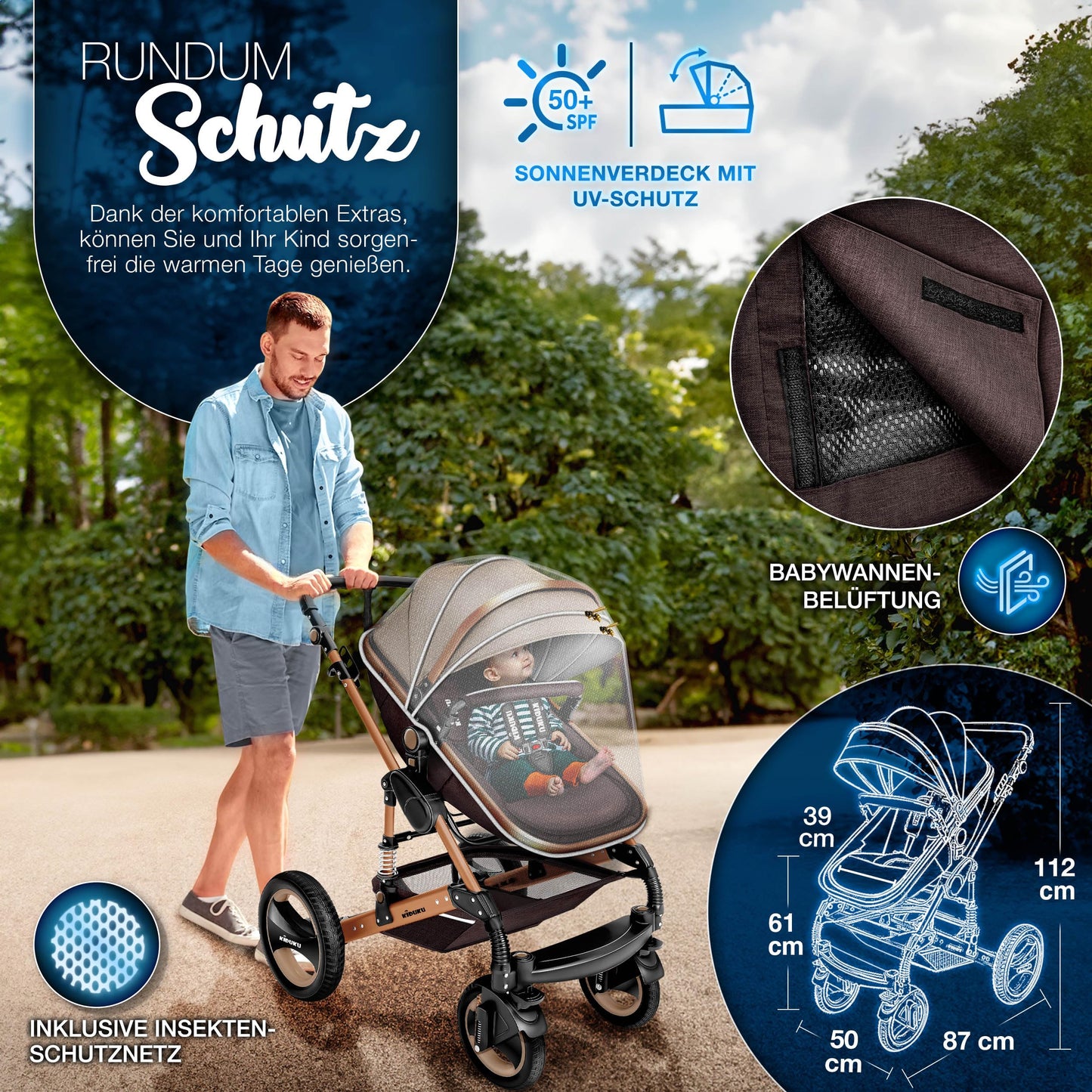 KIDUKU® 3 in 1 Kinderwagen Komplettset | Kombikinderwagen Set inkl. Babywanne & Buggy Sportsitz & Auto-Babyschale Fußsack | Vollgummireifen Wickeltasche Handwärmer Regenschutz Kindertisch ECE R129