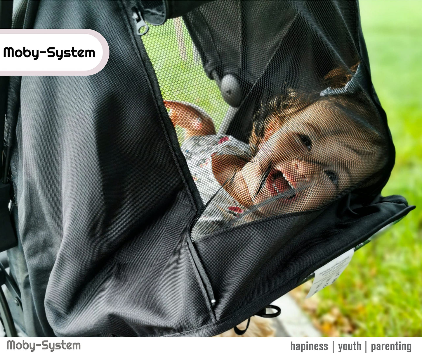 Moby-System, Buggy, superleicht und kompakt, bis 14 kg, verstellbare Rückenlehne, Doppelräder, schwenkbare Schaumstoffräder, faltbar, mit Sonnendach – idealer Kinderwagen für Spaziergänge, grau