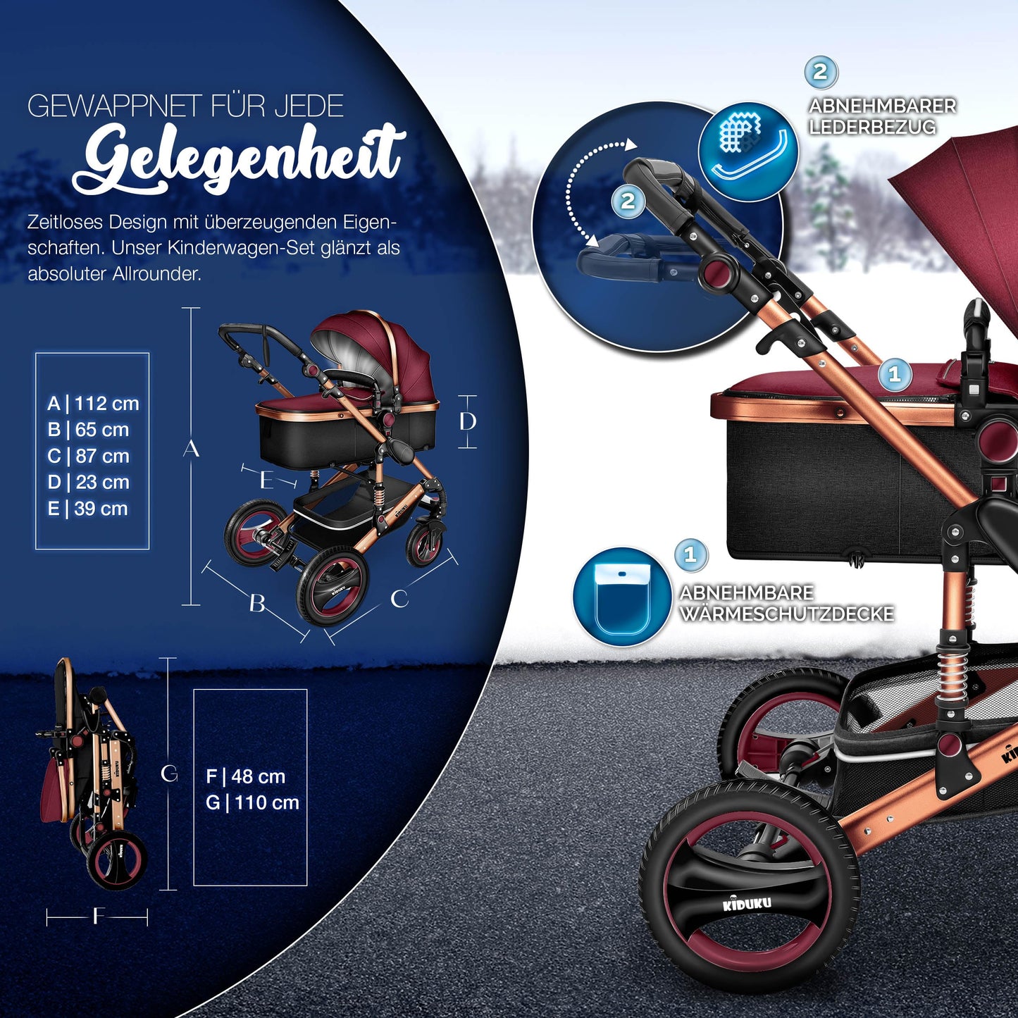 KIDUKU® 3 in 1 Kinderwagen Komplettset | Kombikinderwagen Set inkl. Babywanne & Buggy Sportsitz & Auto-Babyschale Fußsack | Vollgummireifen Wickeltasche Handwärmer Regenschutz Kindertisch ECE R129